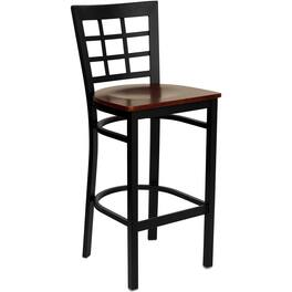 Flash Furniture - HERCULES Series Black Window Back Metal Restaurant Barstool - Mahogany Wood Seat - Brown