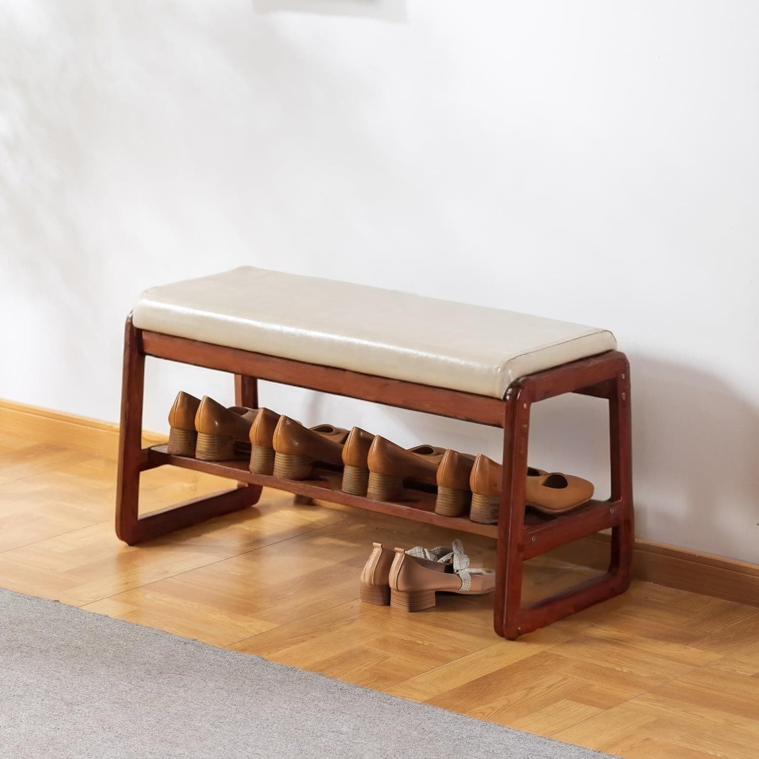 JETRANSPORT - Solid Wood Shoe Bench 2-tier Wooden Entryway Modern Rack With Faux Leather Cushion For Hallway Living Room - Beige 31 5 inches