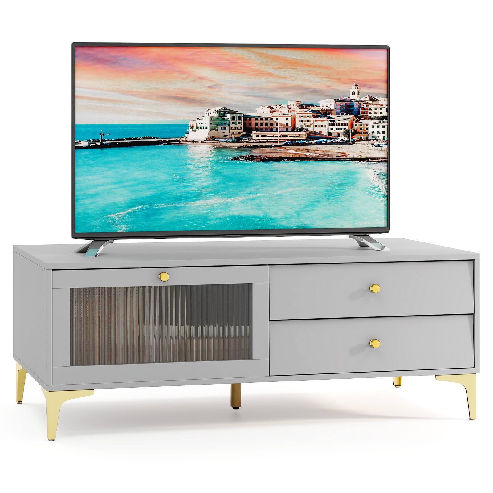 Back. SlickBlue - Modern TV Stand with Compartment and Drawers for 55 Inch TV - Gray.