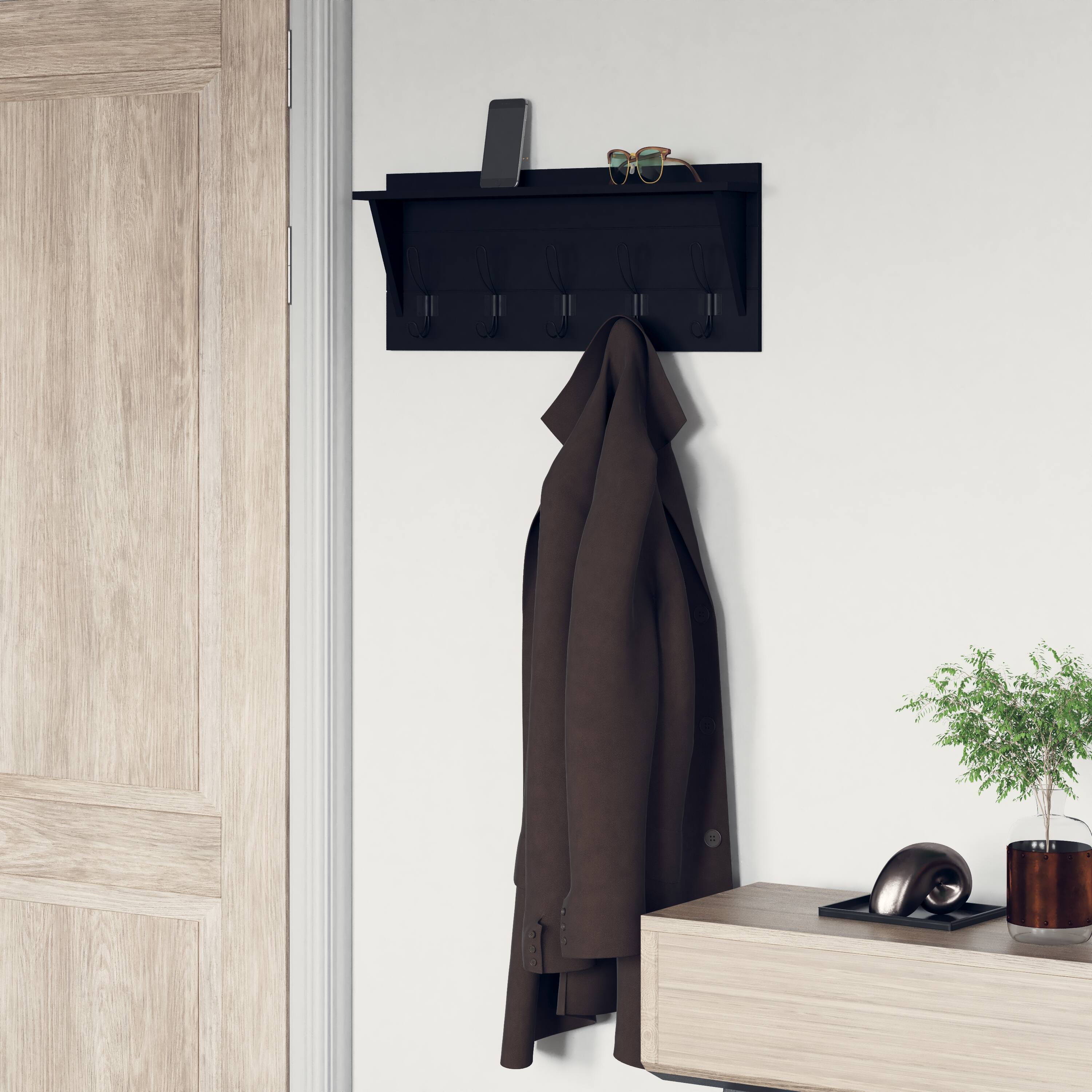 Alt View 1. Emma + Oliver - Alcott Rustic Country Wall Mounted Entryway Shelf with 5 Rustic Hooks and Wood Construction - Black.