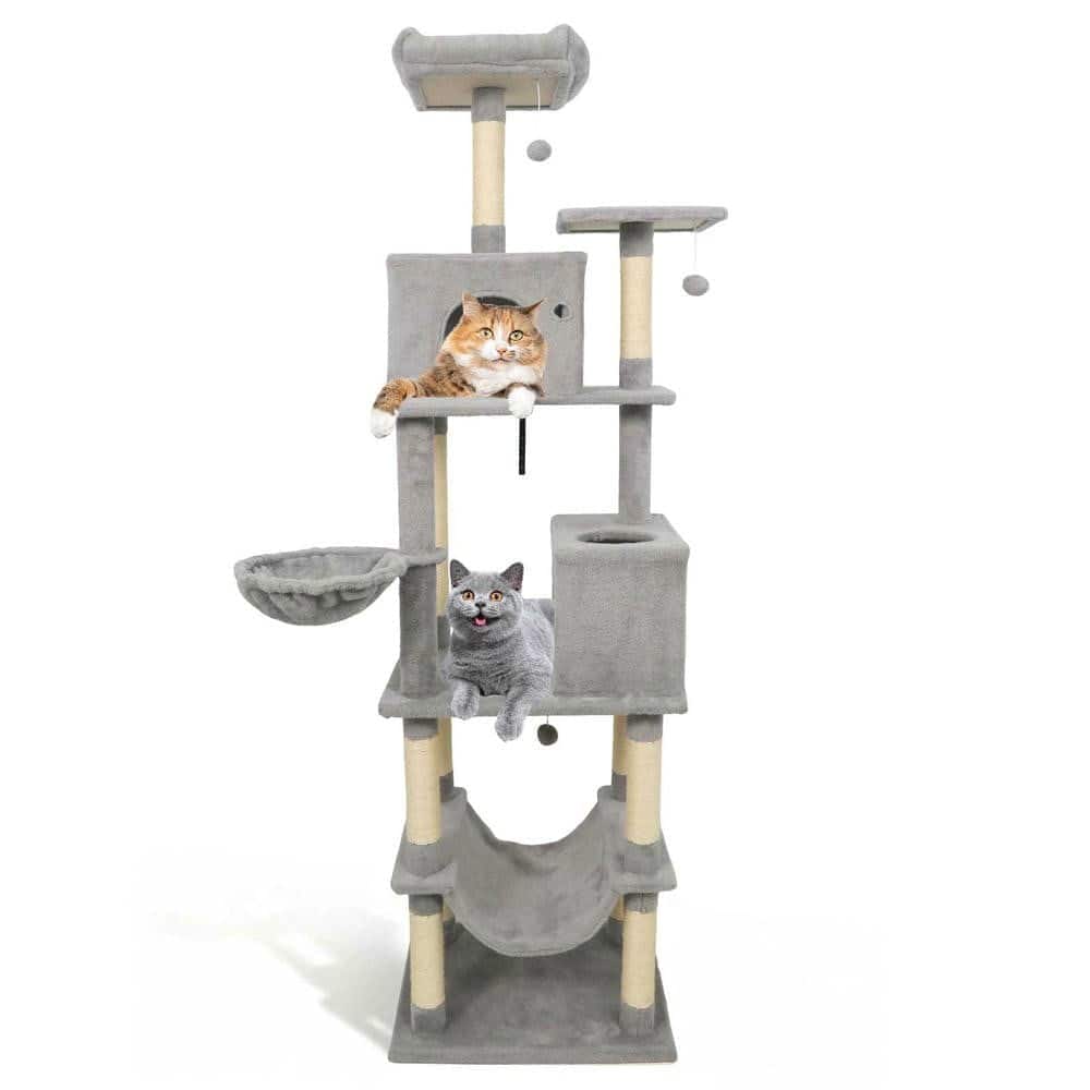 Kadyn - 80-Inch Tall Large Cat Tree with Two Big Condos and Hanging Toys, Light - Gray