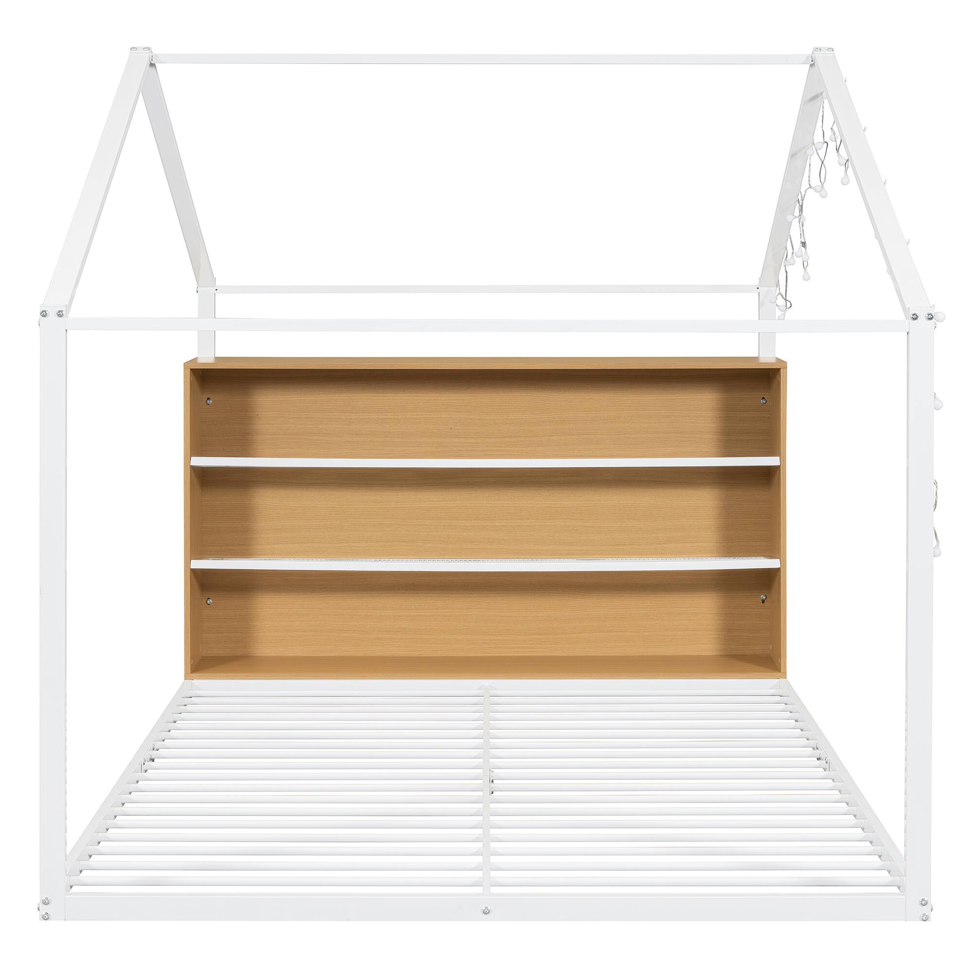 Alt View 6. GOODSILO - Full Size Metal House Bed Frame with Shelves and Lights - White.