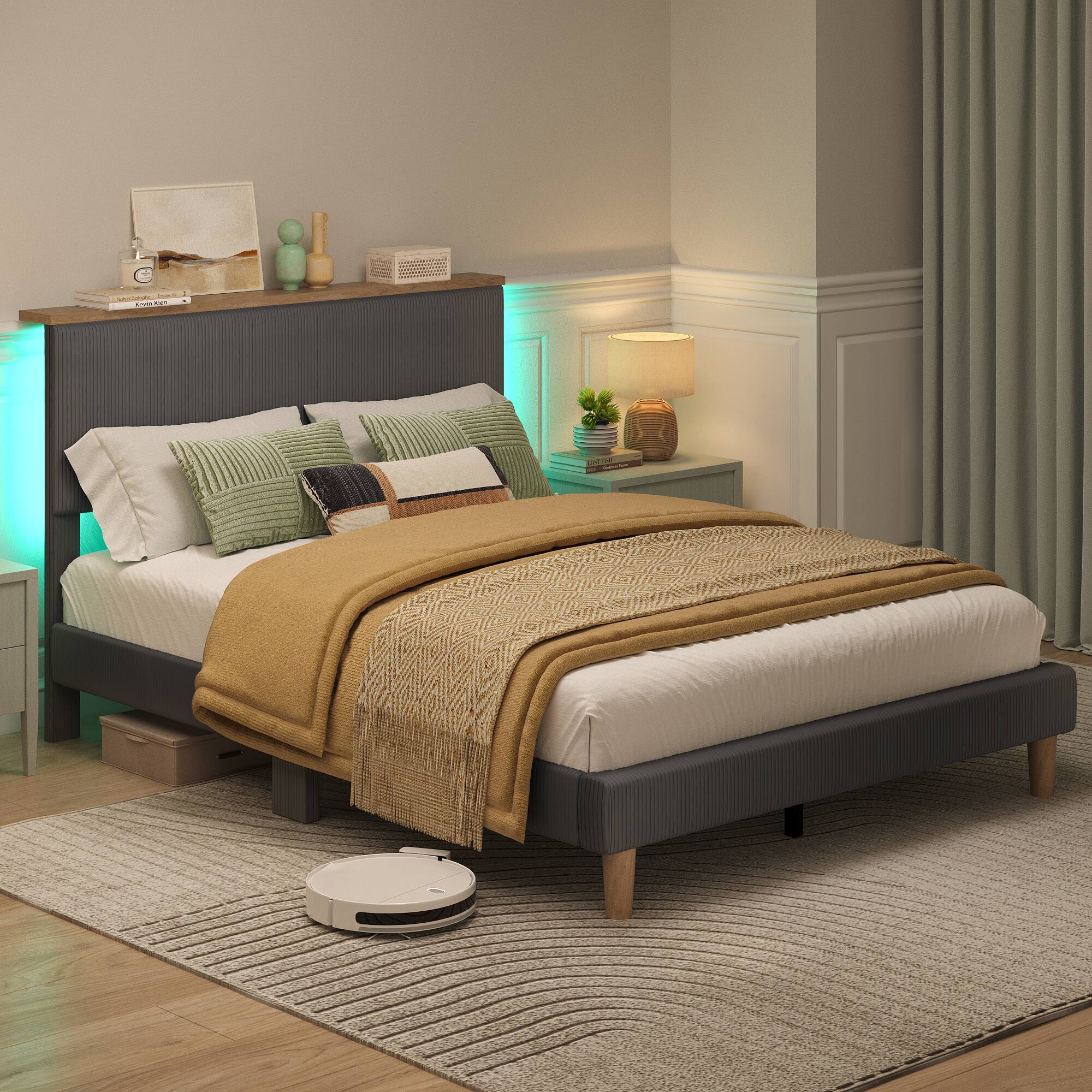 Alt View 2. Bestier - Bed Frame Upholstered Platform Gaming Bed with LED Light & Adjustable Storage Headboard for Bedroom - Gray.
