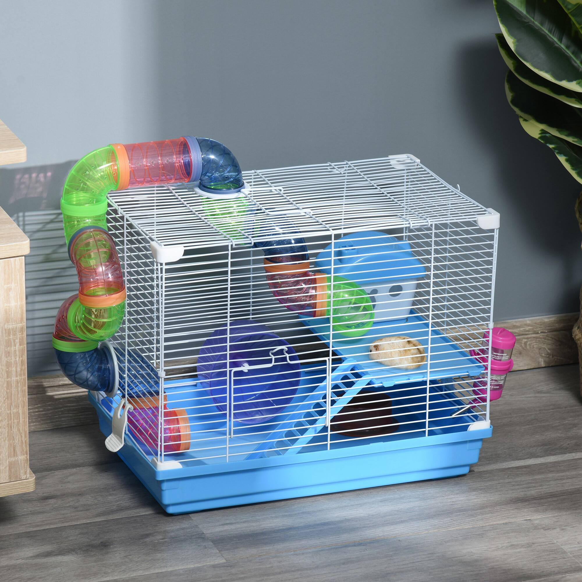 Angle. Pawhut - 2-Level Hamster Cage, Rodent, Metal Wire with Exercise Wheel, Play Tubes, Water Bottle, Food Dishes, Interior Ladder.
