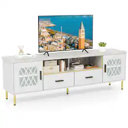 Gymax - Modern Faux Marble Entertainment Center 71-Inch TV Stand for 80'' TVs White - White, Gold