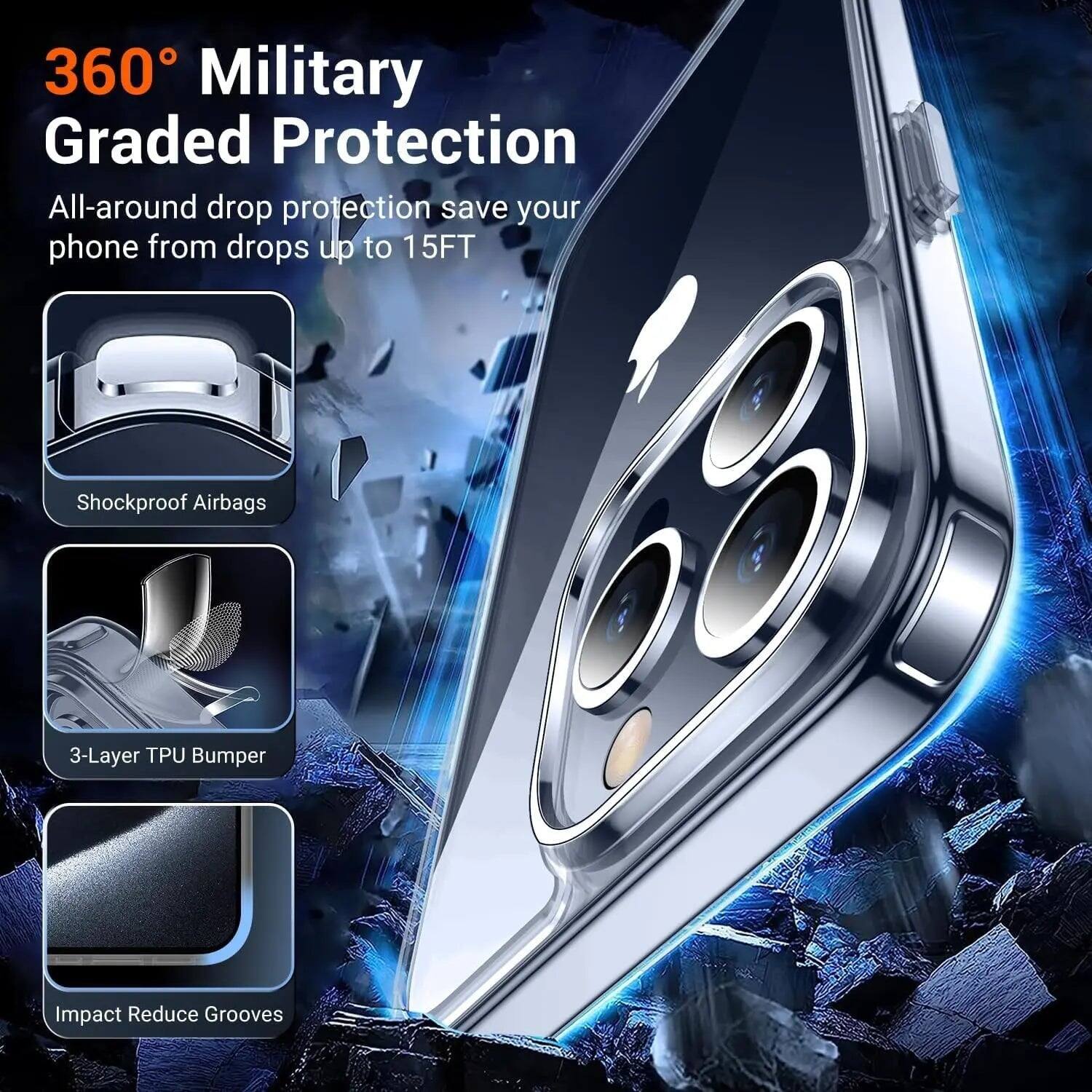 360° Military Graded Protection  
All-around drop protection save your phone from drops up to 15FT

- Shockproof Airbags
- 3-Layer TPU Bumper
- Impact Reduce Grooves