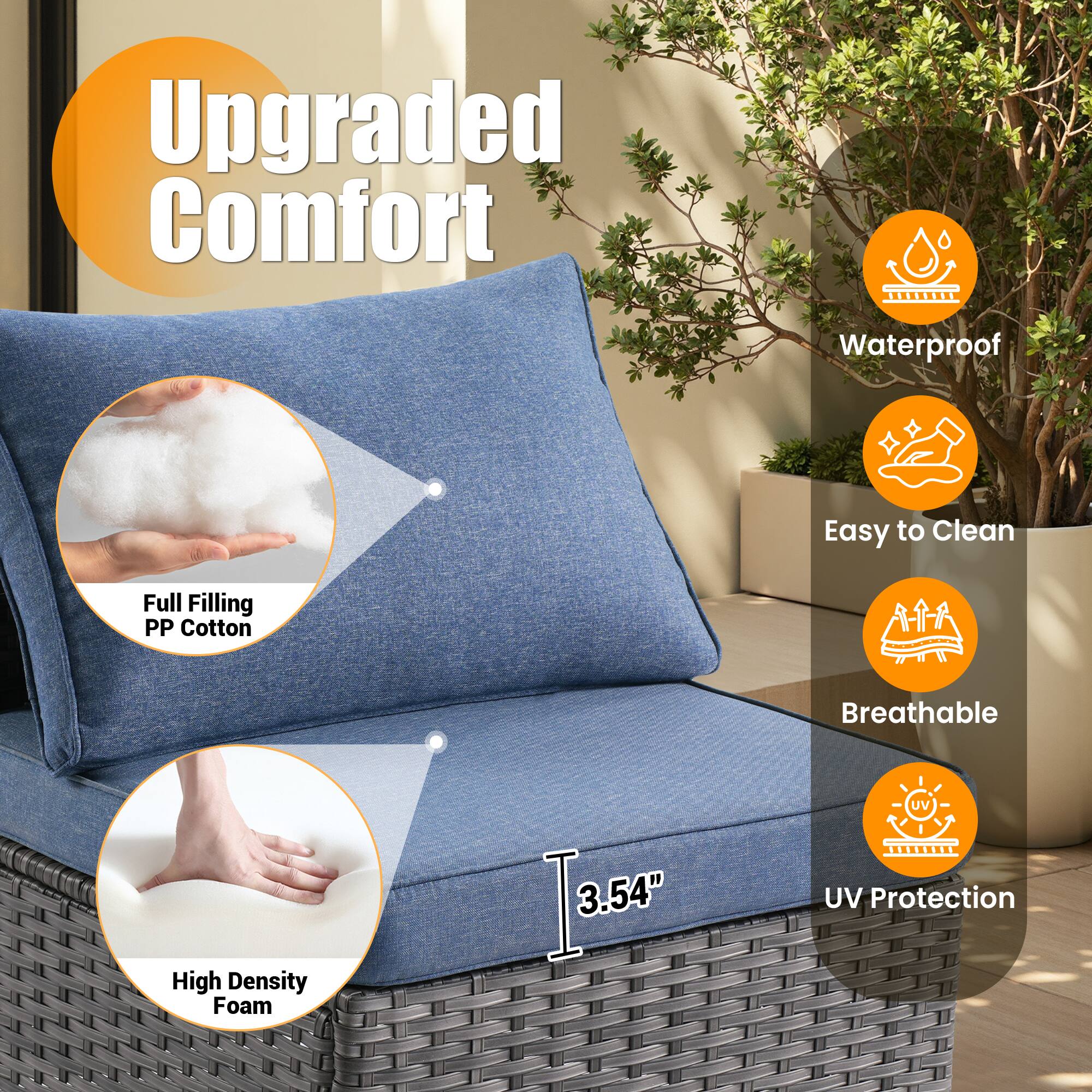 Upgraded Comfort

- Waterproof
- Easy to Clean
- Breathable
- UV Protection
- Full Filling PP Cotton
- High Density Foam
- 3.54"