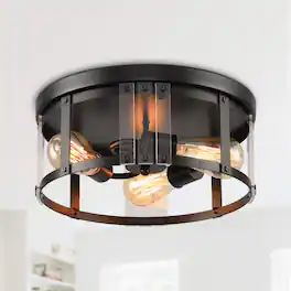 Parrot Uncle - 13.3" Industrial 3-Light Flush Mount Ceiling Light - Matte Black