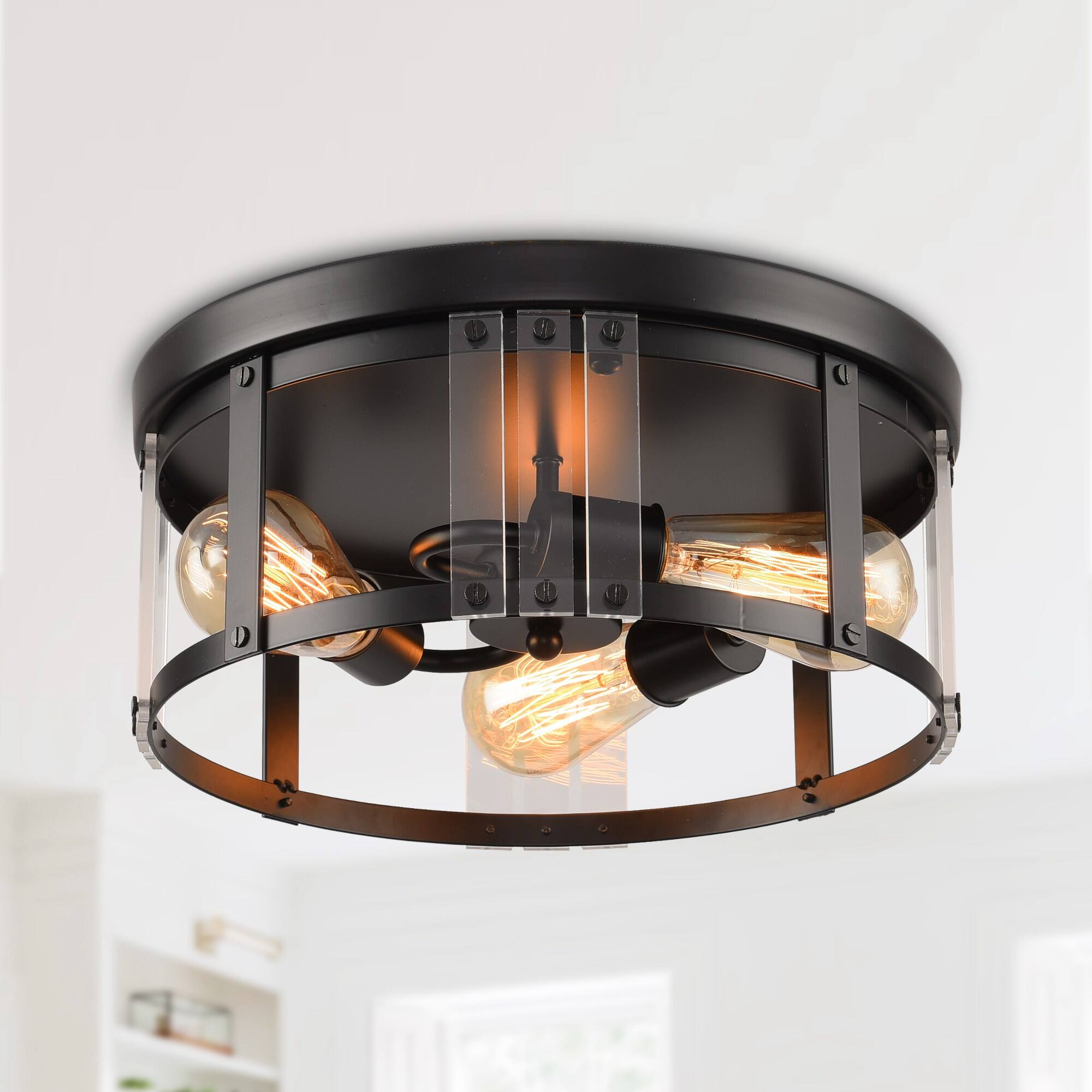 Front. Parrot Uncle - 13.3" Industrial Matte Black 3-Light Flush Mount Ceiling Light - Matte Black.
