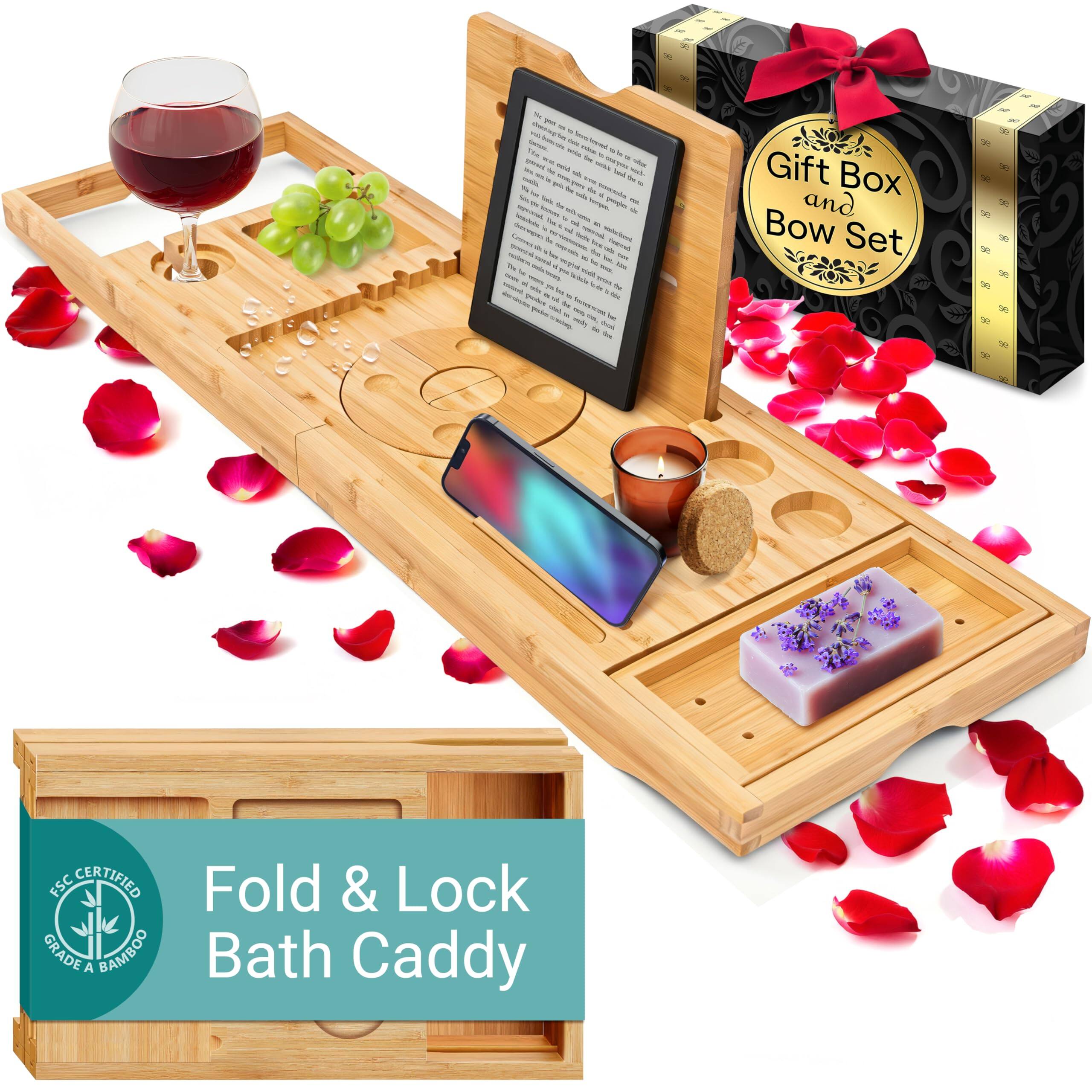 SereneLife - Premium Foldable Bathtub Tray, Expandable Bamboo Caddy with Gift Box, Adjustable Fit - Natural
