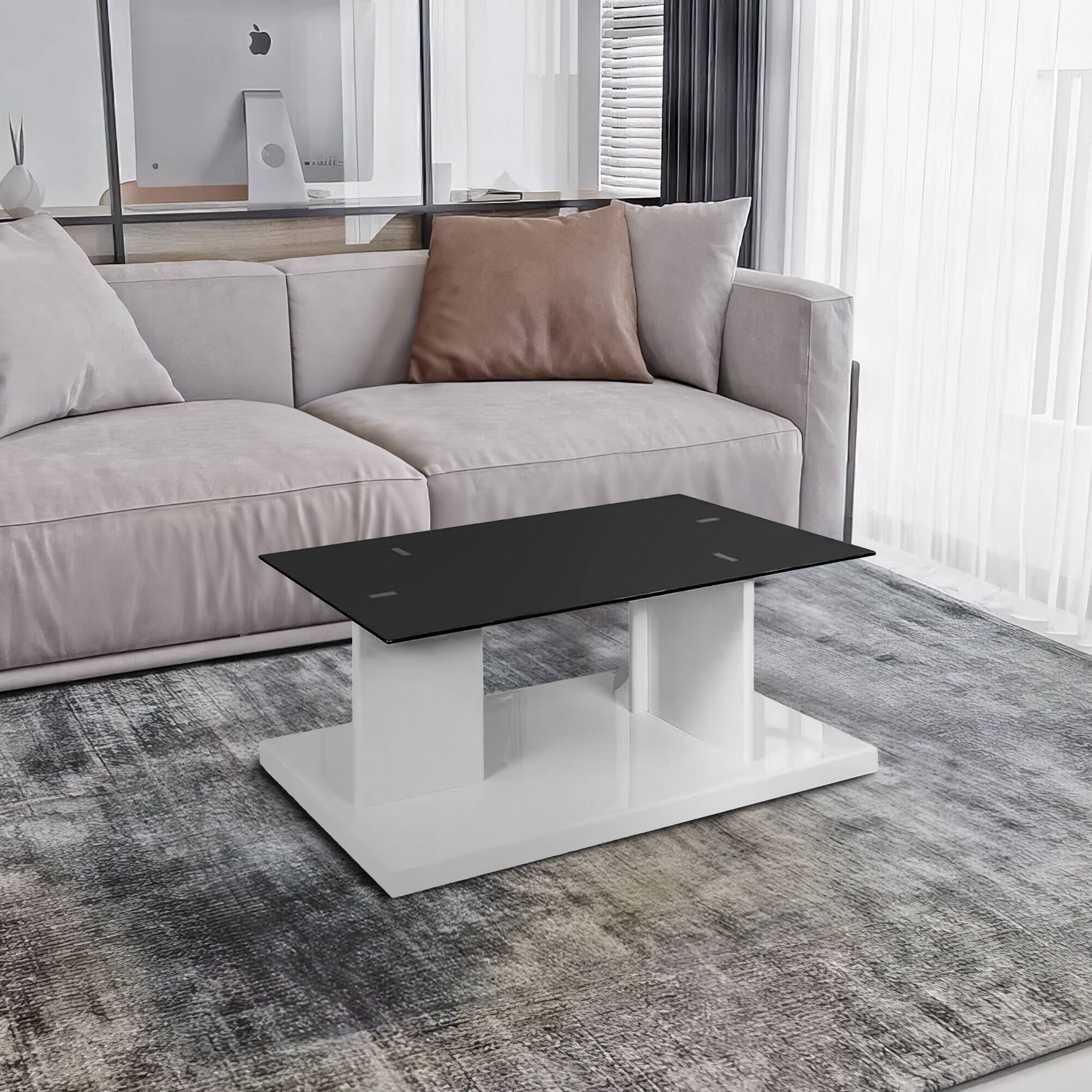Alt View 5. Manhattan Lane - Liam 47 Inch Rectangular Coffee Table, White Wood, Pedestal Base, Glass Top - White, Black.