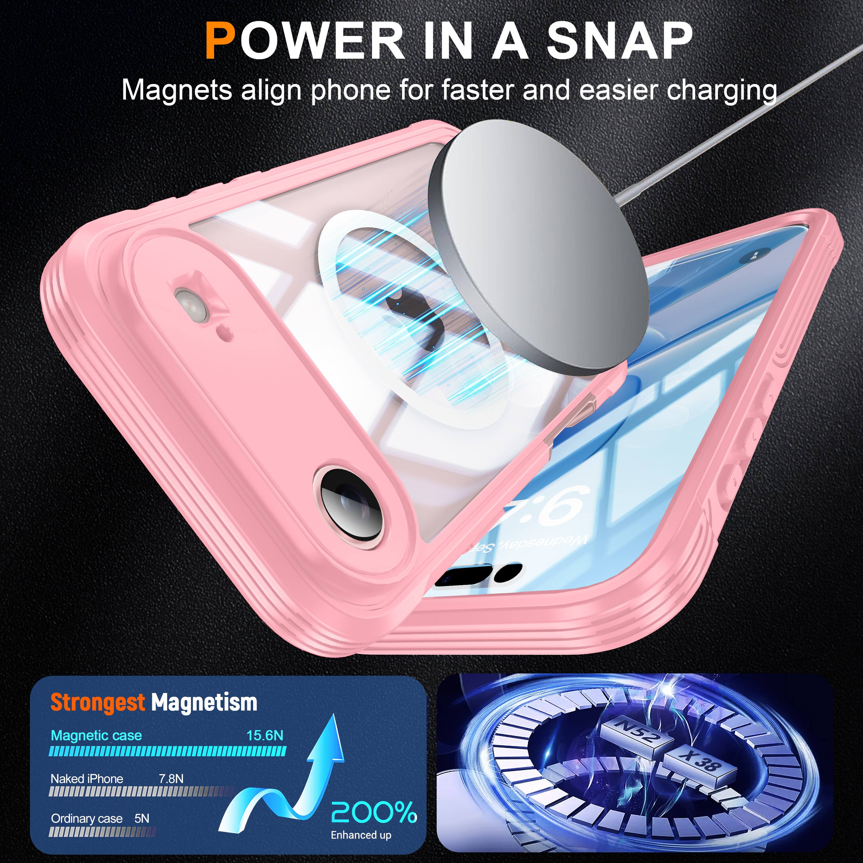 POWER IN A SNAP  
Magnets align phone for faster and easier charging  

Strongest Magnetism  
Magnetic case: 15.6N  
Naked iPhone: 7.8N  
Ordinary case: 5N  

200% Enhanced up  
N52 X38