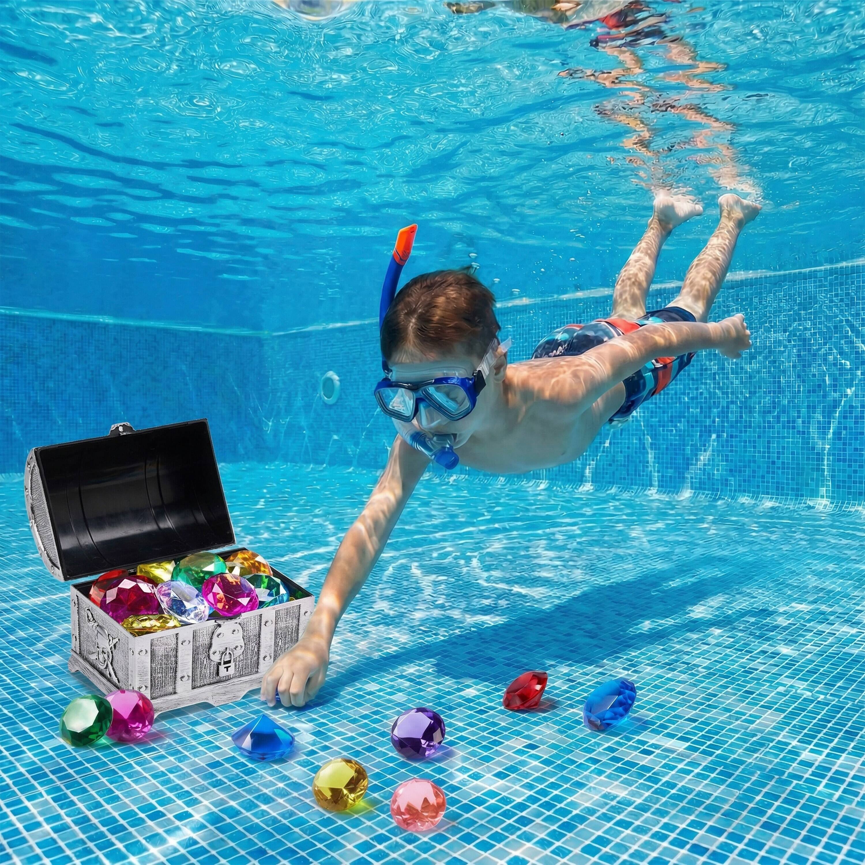 Alt View 1. Joyfy - 16 Pcs Diving Pool Toys, Colorful Diamond Gems with Pirate Treasure Chest, Swimming Dive Toy Kids Underwater Adventure.
