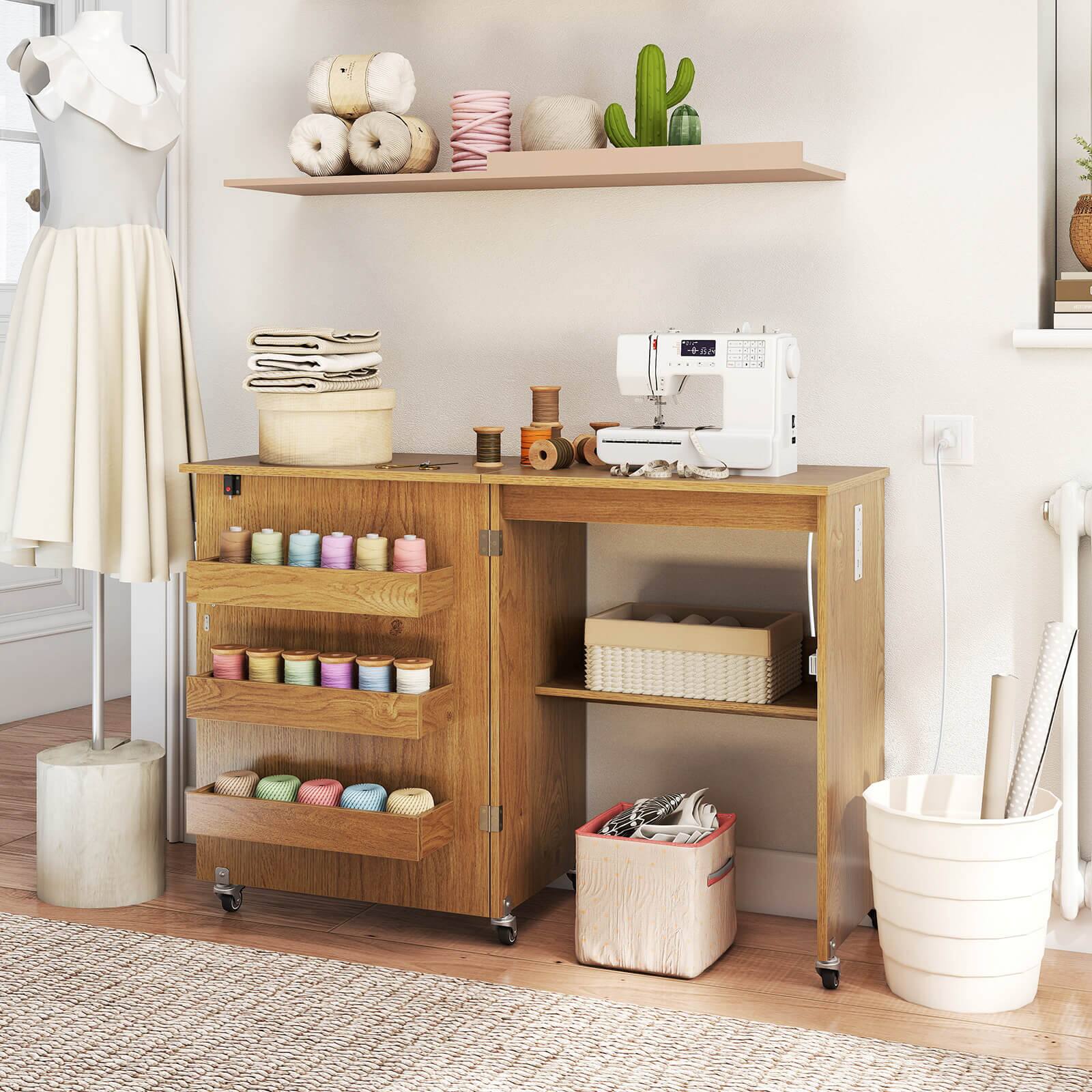 Alt View 1. Costway - Costway Folding Sewing Table Rolling Craft Station with 3 Storage Bins & Charging Station - Natural.