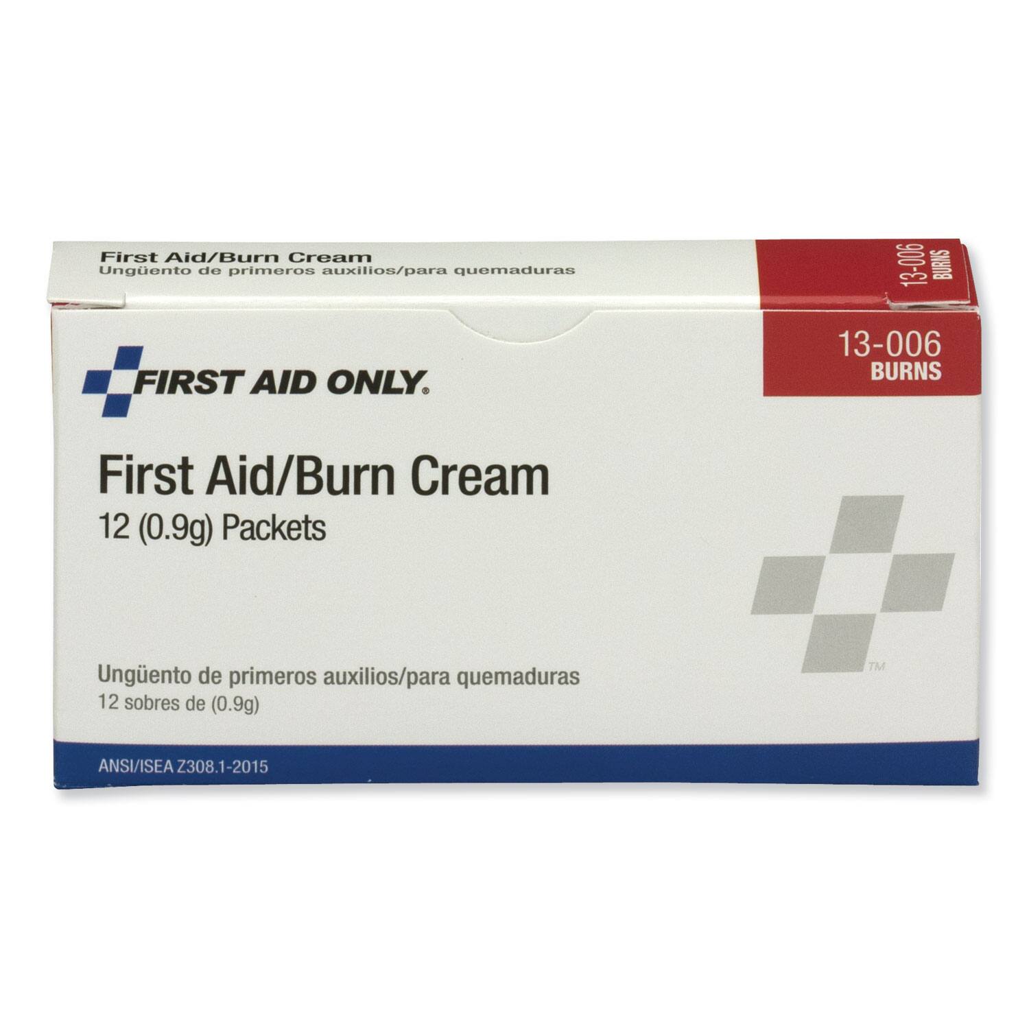 First Aid/Burn Cream  
Unguento de primeros auxilios/para quemaduras  
FIRST AID ONLY.  

12 (0.9g) Packets  
12 sobres de (0.9g)  

ANSI/ISEA Z308.1-2015  

13-006 BURNS