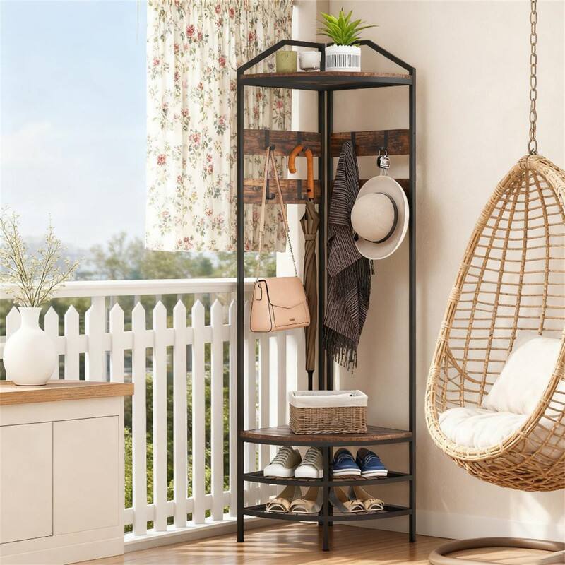Angle. ALEXOUN - Corner Hall Tree Coat Rack - Industrial 4-Tier Design with Shoe Storage, 8 Movable Hooks and 2 Shelves for Entryway - Brown.
