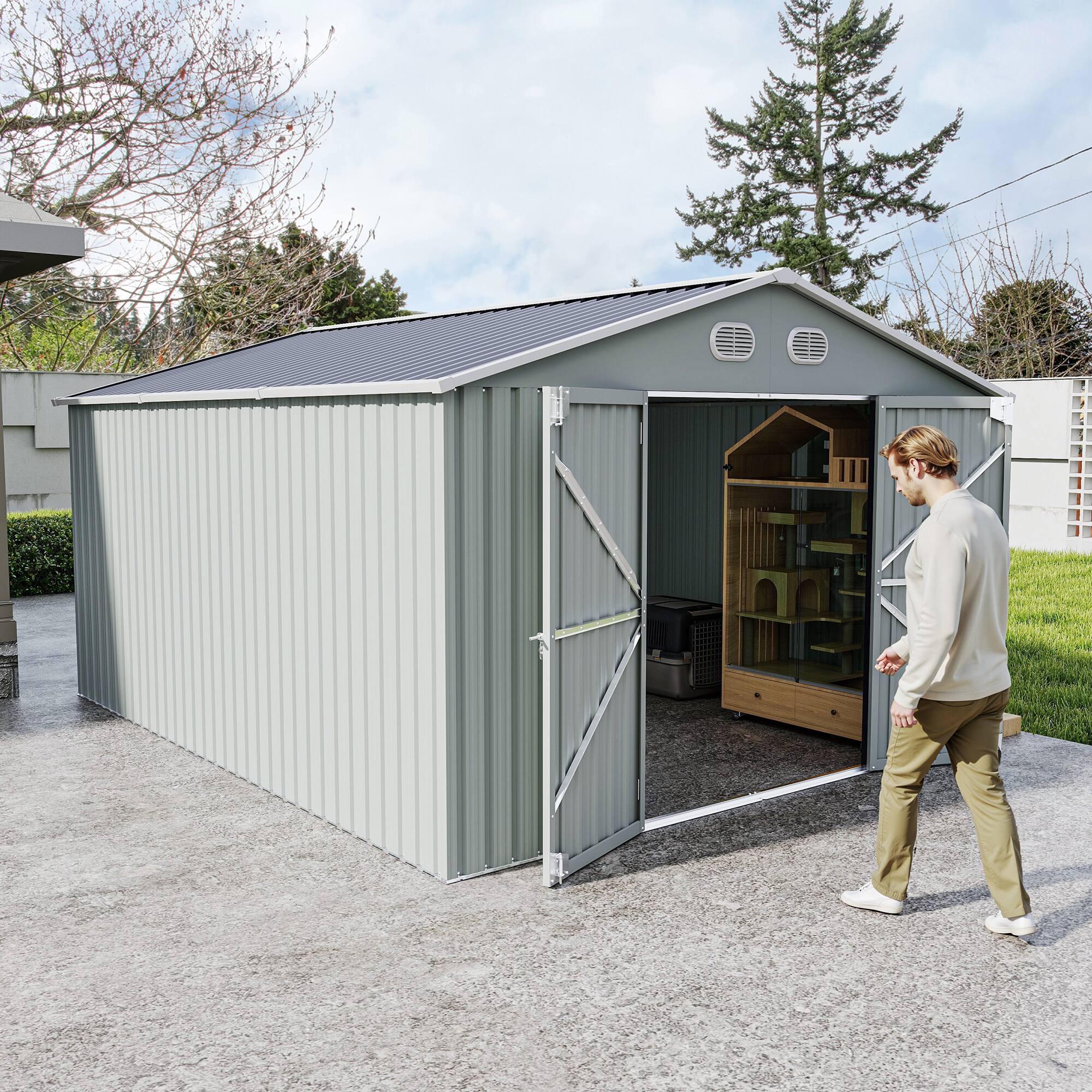 Alt View 4. Loheer - Loheer 10x12 Metal Storage Shed White Outdoor Garden Tool Shed with Lockable Doors and Sloped Roof for Backyard.