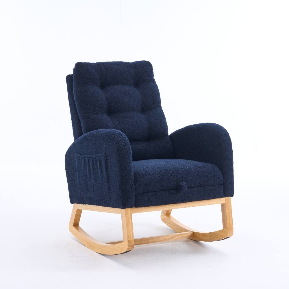 Alt View 8. Loheer - Loheer Deep Navy Blue High-Back Rocking Chair with Footrest Storage Pocket Rubber Wood Base Nursery Rocker - Navy Blue.