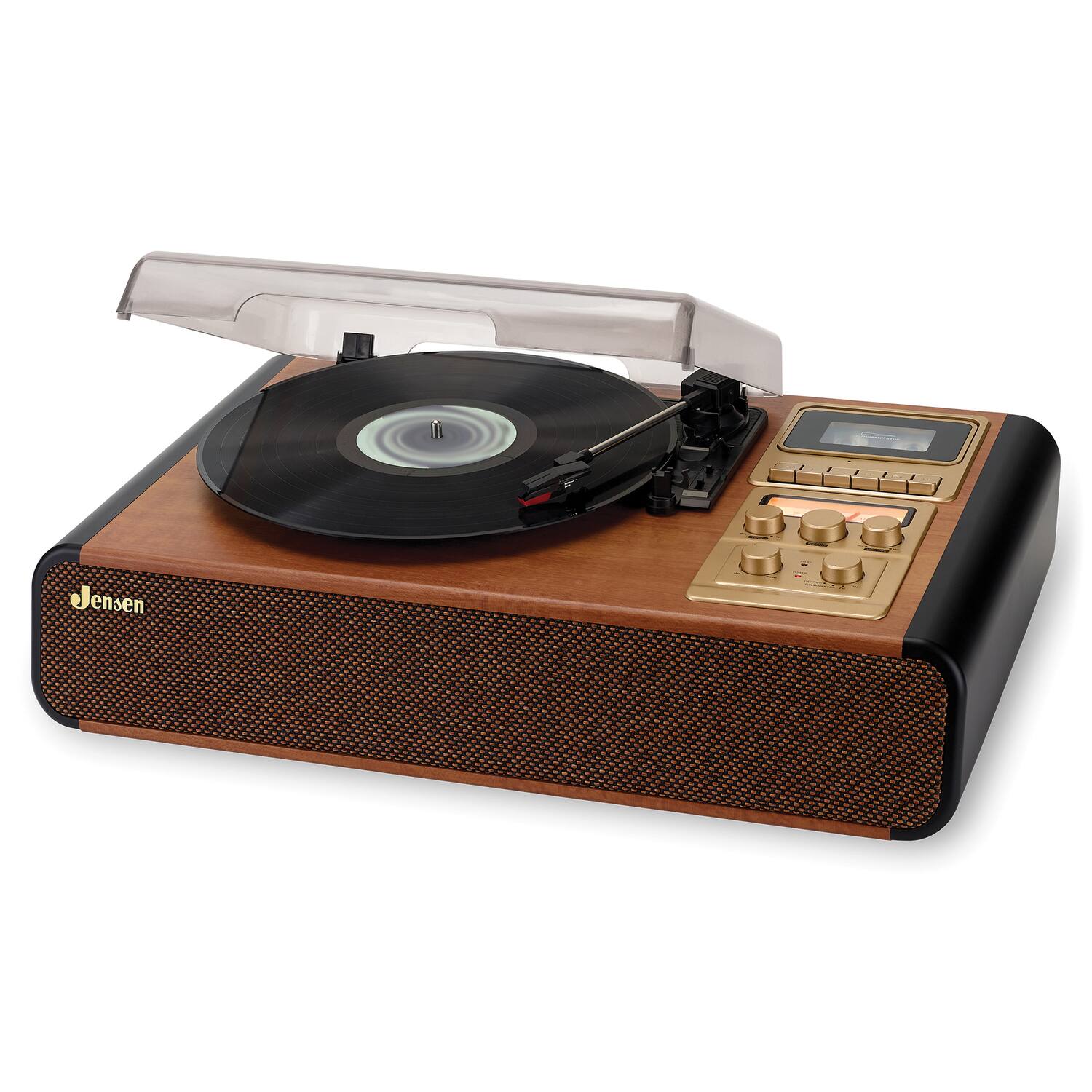 Angle. Jensen - Jensen JTA385 3-Speed Belt-Drive Turntable with Pitch Control, Cassette Player/Recorder, AM/FM Stereo Radio - Brown.
