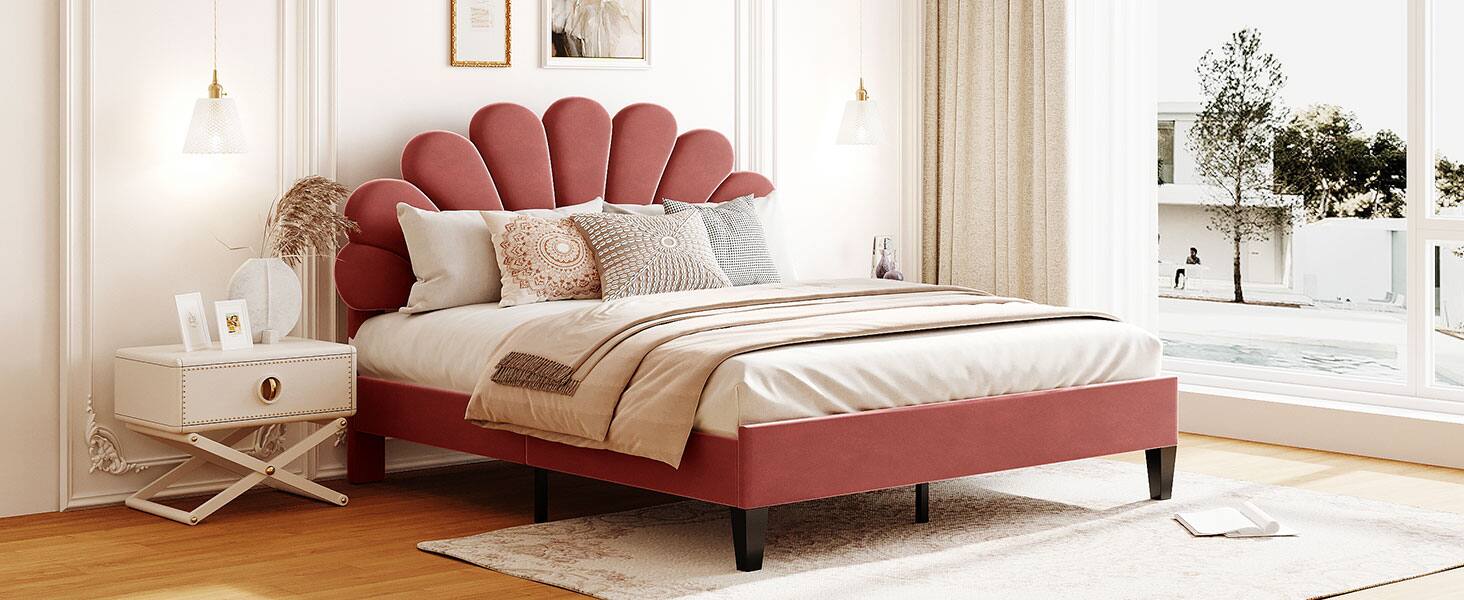 Alt View 7. Tiramisubest - Queen Size Upholstered Platform Bed with Flower Pattern Velvet Headboard, Bean Paste Red - Bean paste red.
