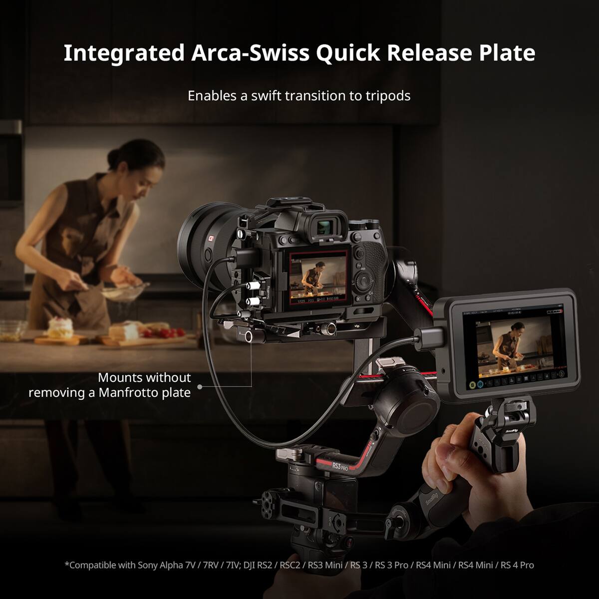 Integrated Arca-Swiss Quick Release Plate Enables a swift transition to tripods - SO Mounts without removing a Manfrotto plate RST PIC poly *Compatible with Sony Alpha 7V 7V/7RV/7I / 7RV / 7IV: DJI RS2 / RSC2 / RS3 Mini / RS 3 / RS 3 Pro / RS4 Mini / RS4 Mini / RS 4 Pro