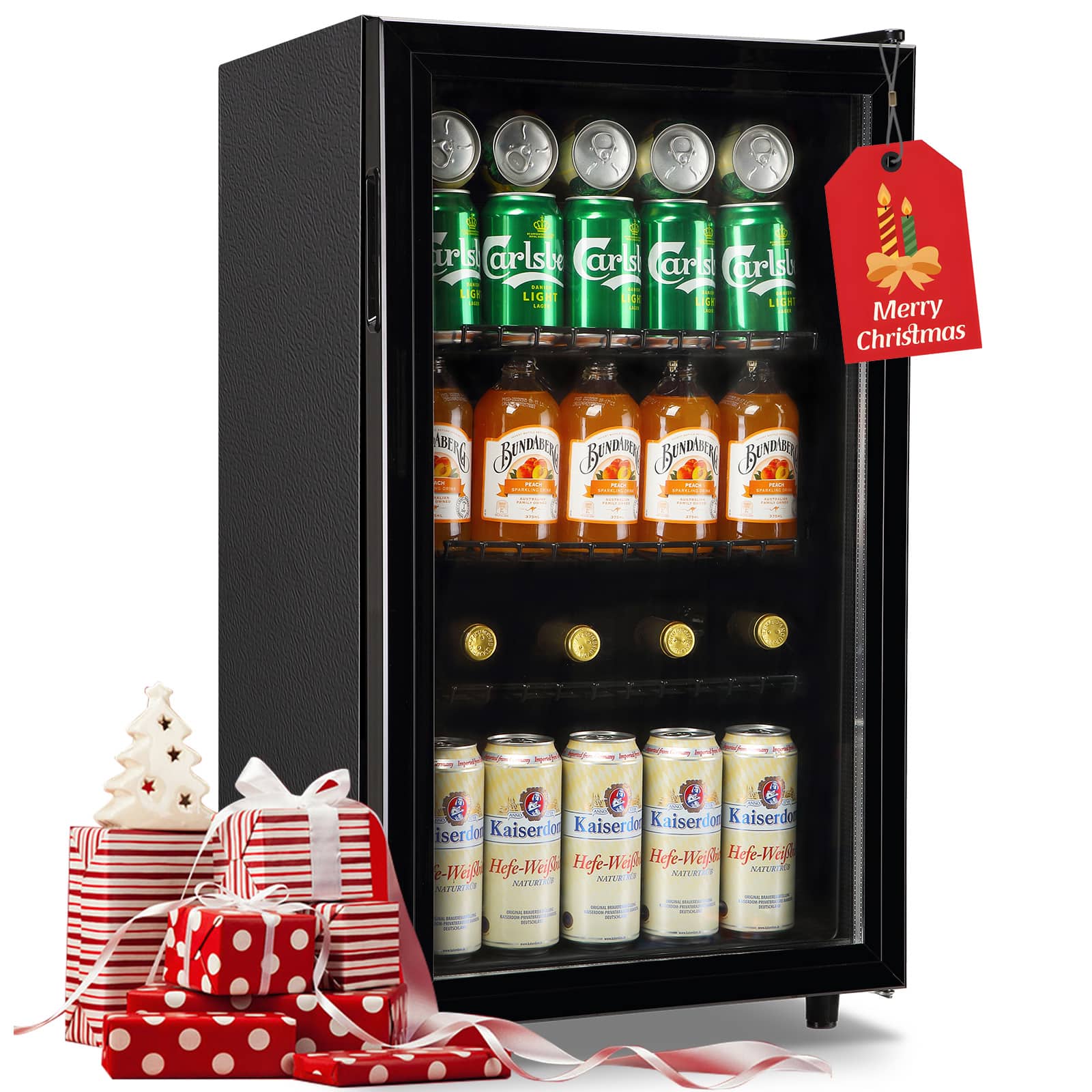 WANAI - 120 Cans Beverage Refrigerator with Glass Door, 3.5 Cu.Ft Beer Small Fridge with LED Light for Home Department - Black