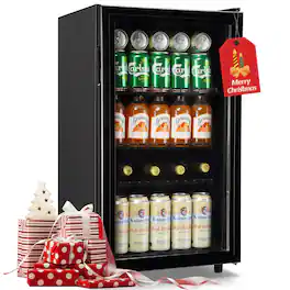 WANAI - 120 Cans Beverage Refrigerator with Glass Door, 3.5 Cu.Ft Beer Small Fridge with LED Light for Home Department - Black