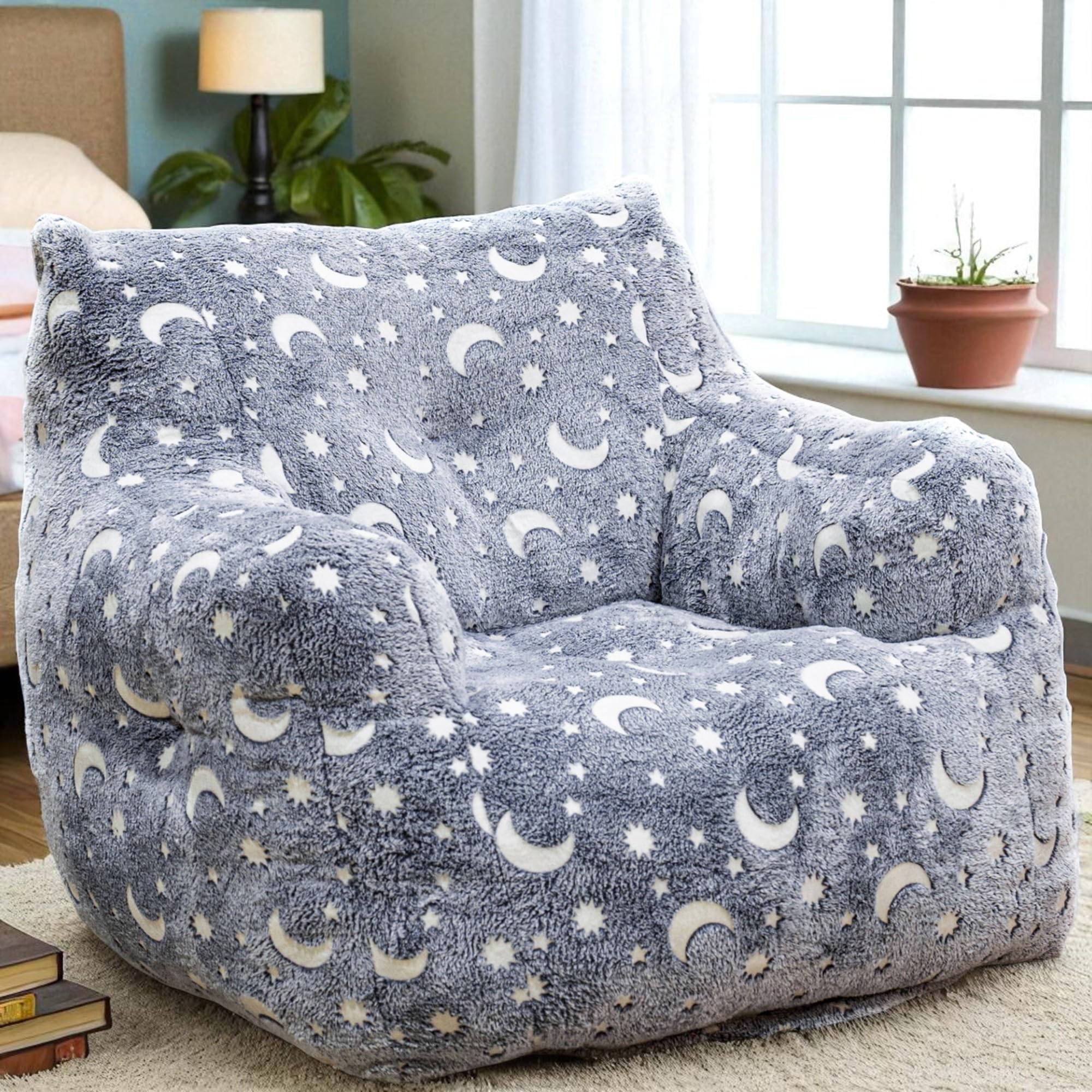 Front. Fabibe - Bean Bag Chair with Filling, Faux Fur Comfy BeanBag Chairs for Teens, Adults, Bedroom, Living Room, Reading - Rainbow - Grey.