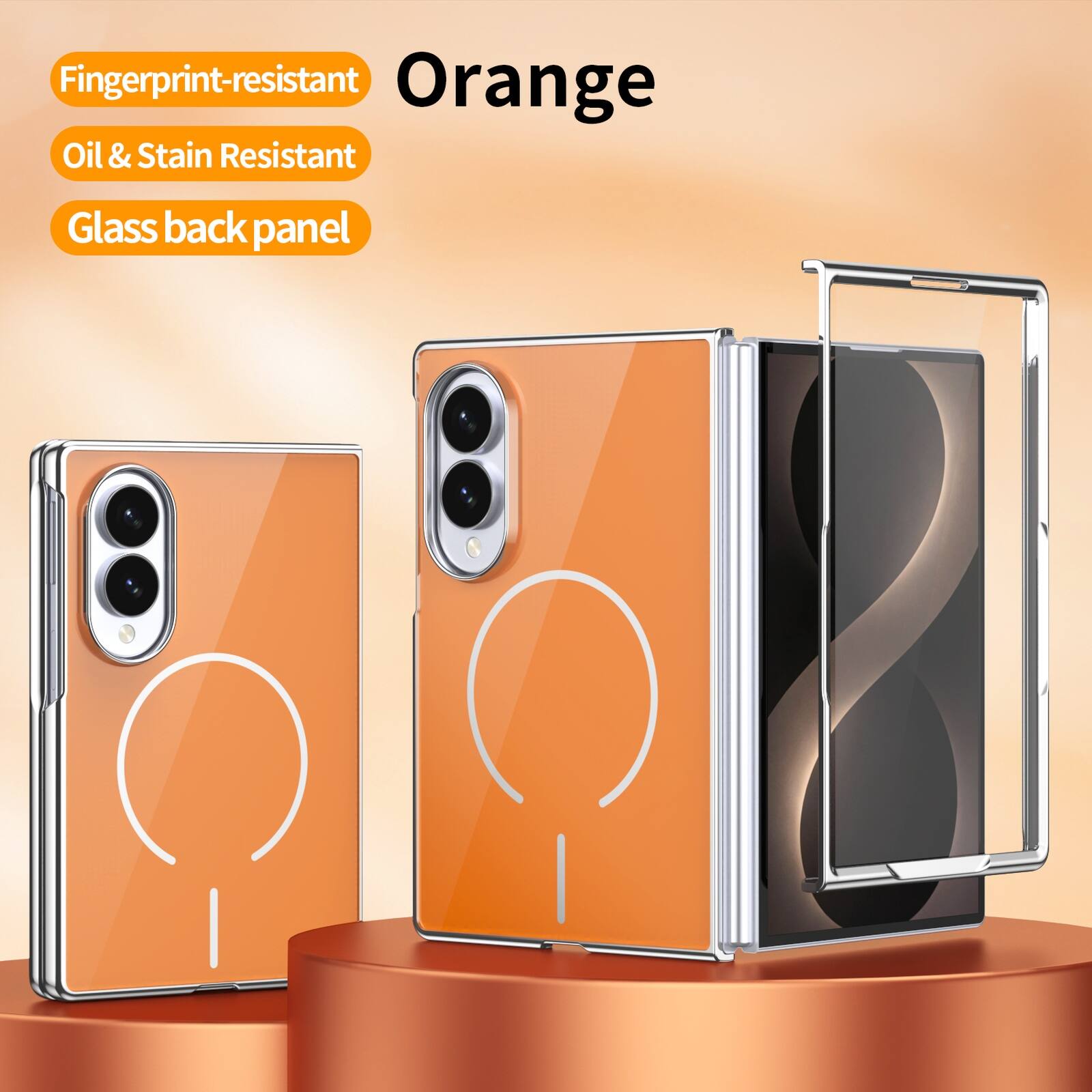 Fingerprint-resistant  
Orange  
Oil & Stain Resistant  
Glass back panel