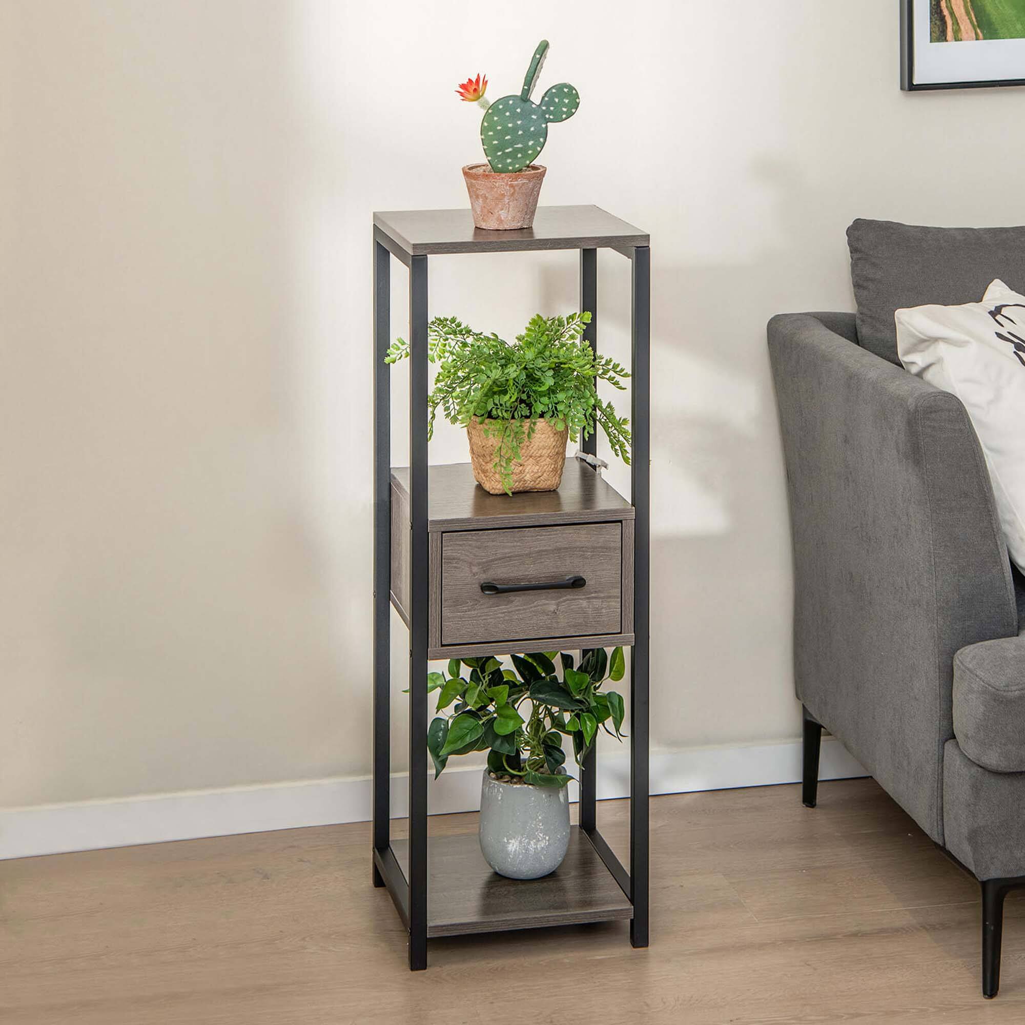 Alt View 4. Costway - 2 Pack 3 Tier Tall Metal Plant Stand Indoor Plant Table with Drawer Anti-tipping Devices - Grey.