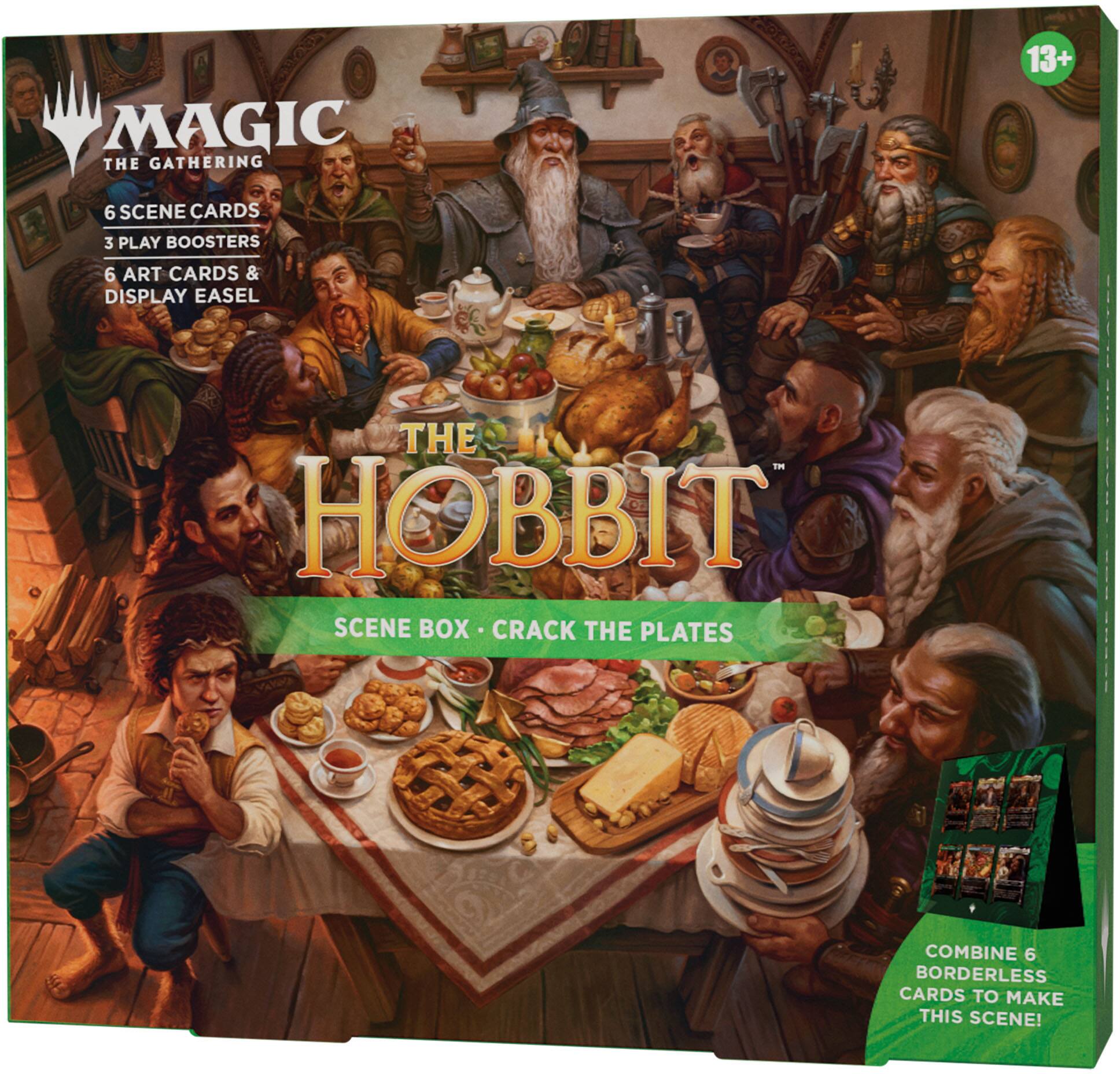 MAGIC THE GATHERING  
13+  
6 SCENE CARDS  
3 PLAY BOOSTERS  
6 ART CARDS & DISPLAY EASEL  

THE HOBBIT  
SCENE BOX - CRACK THE PLATES  

COMBINE 6 BORDERLESS CARDS TO MAKE THIS SCENE!