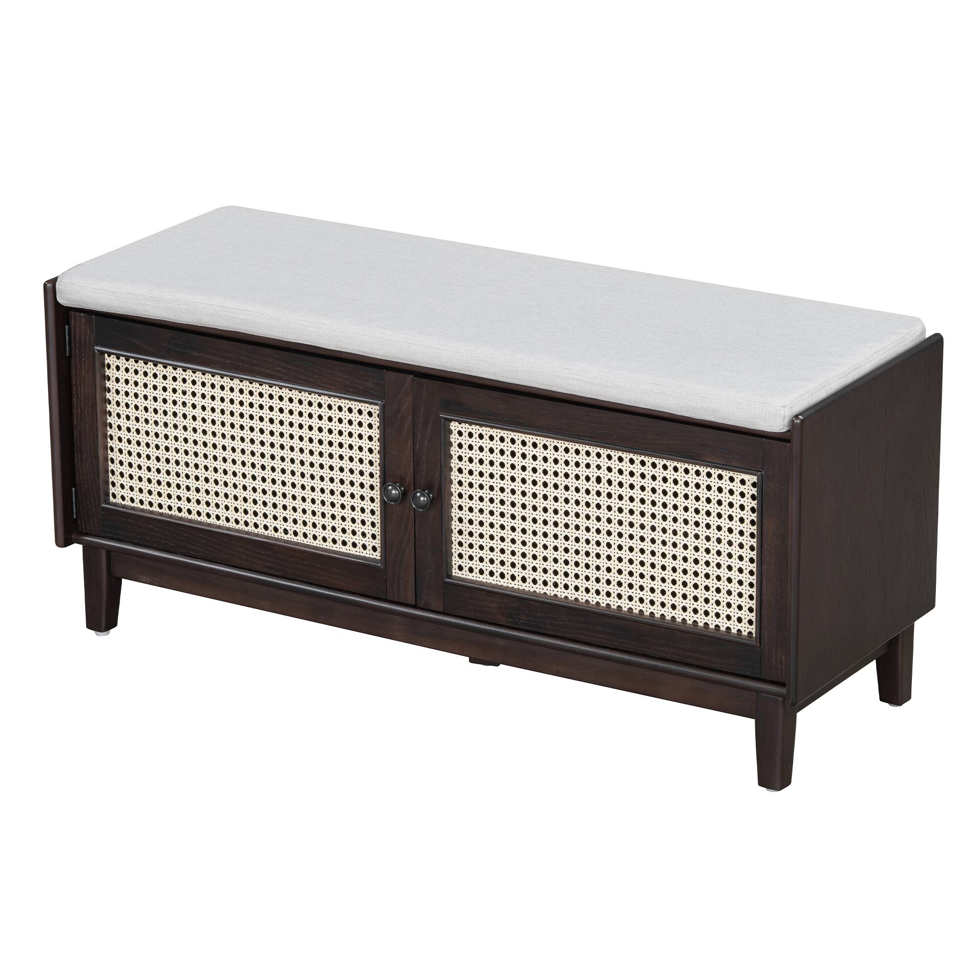 Angle. Whisen - Rattan Shoe Storage Bench with Double Doors and Adjustable Shelves-Espresso - Espresso.