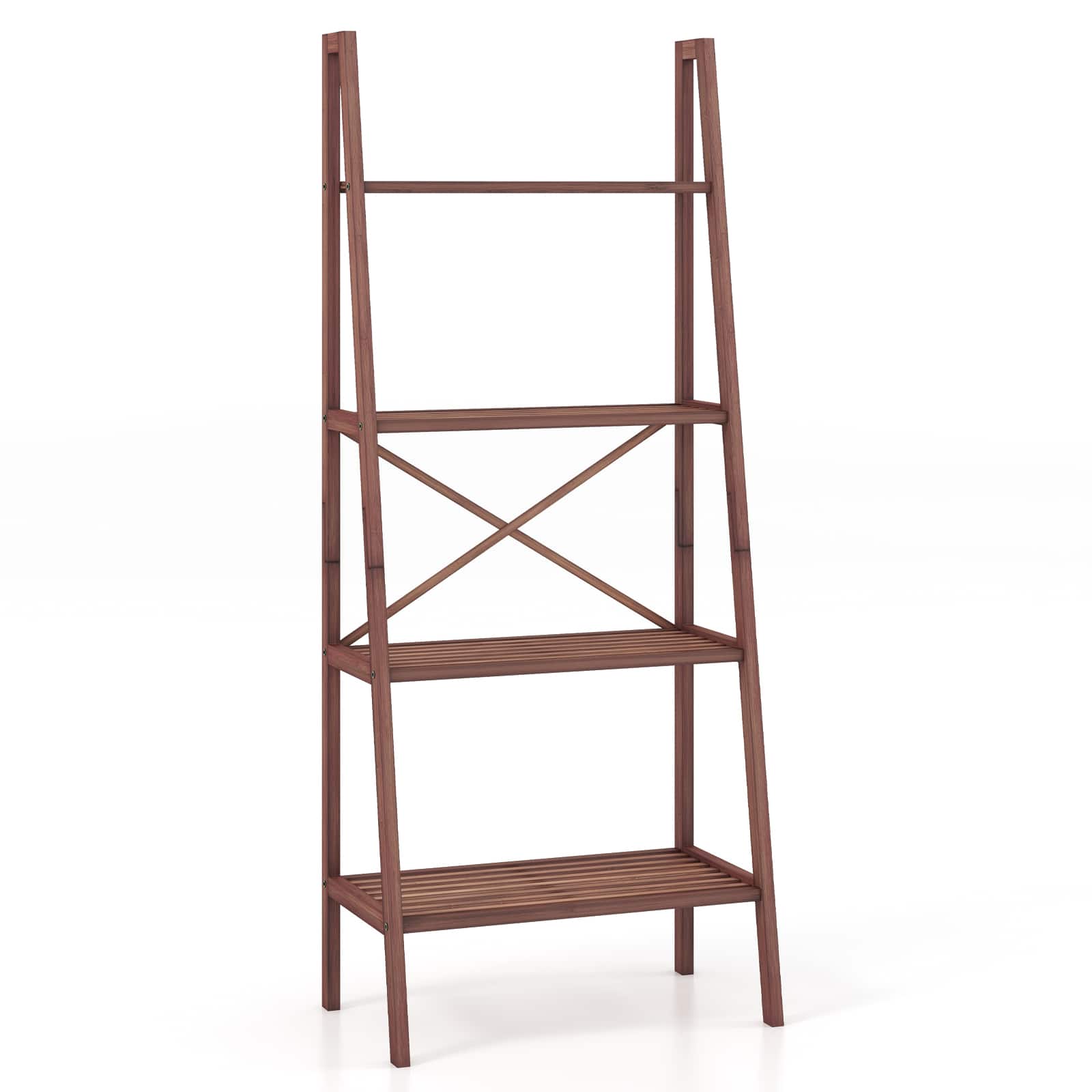 Costway - 4-Tier Bamboo Ladder Bookshelf Rustic Bookcase Floor Standing Shelving Unit Book Shelf Storage Organizer 1pc - Walnut