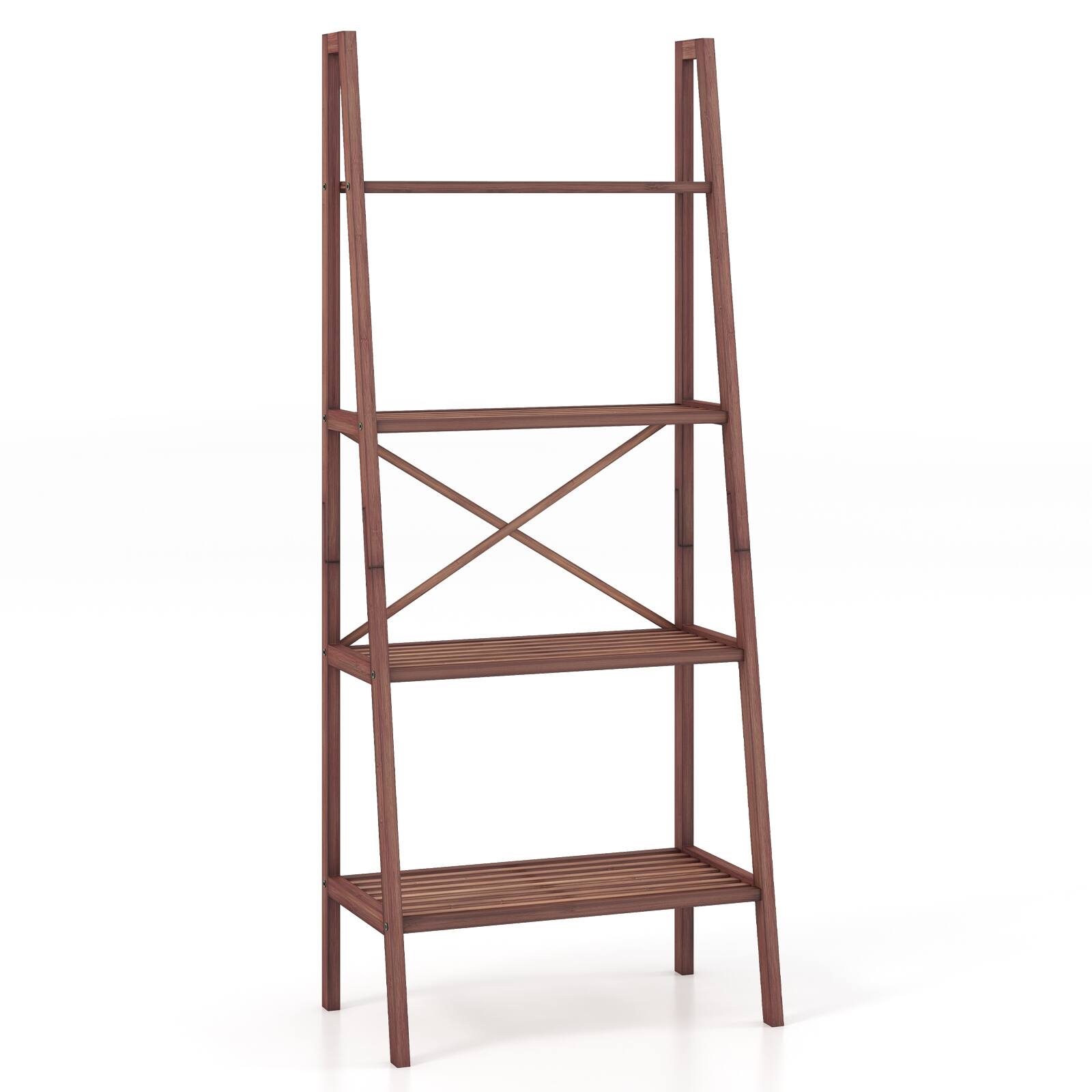 Front. Costway - Costway 4-Tier Bamboo Ladder Bookshelf Rustic Bookcase Floor Standing Shelving Unit Book Shelf Storage Organizer 1pc - Walnut.