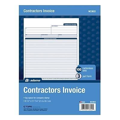 Contractors Invoice  
NC3822  

Carbonless 100 sets 3 part form  
adams  

Contractors Invoice  
- Top space for company stamp  
- 8 1/2 X 11 7/16" (21.8 cm x 29.1 cm)  
CTOPS  

DA NC3822