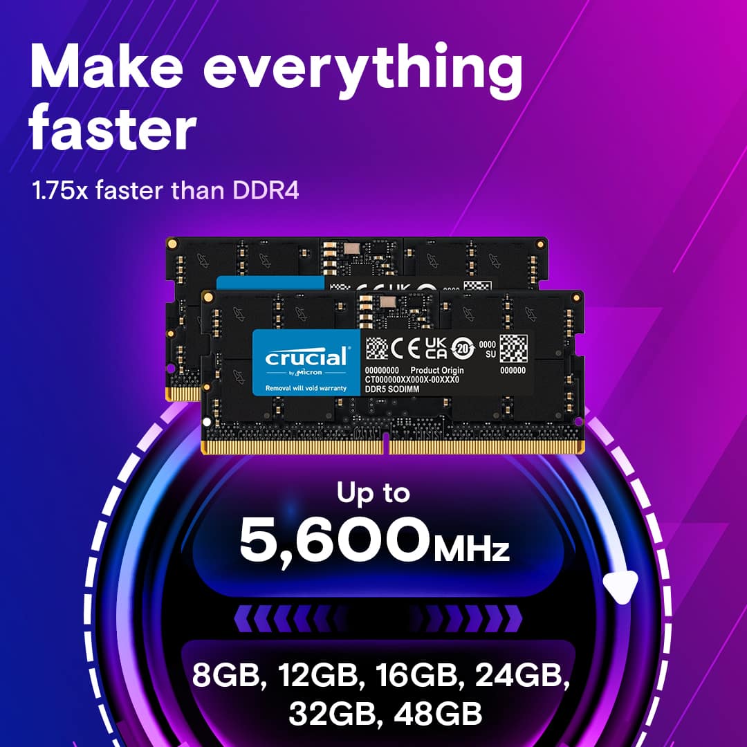 Make everything faster 1.75x faster than DDR4. Crucial C E CA 20 SU - icron 00000000 Product Origin 000000 CT000000XX000X-00XXX0 Hemeval will void warraniy DORS SODIMM Up to 5,600MHz. 8GB, 12GB, 16GB, 24GB, 32GB, 48GB.