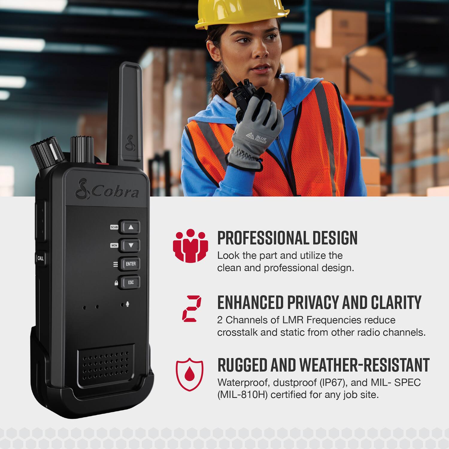 The text on the image is grouped and corrected as follows:

1. Professional Design: Look the part and utilize the clean and professional design.
2. Enhanced Privacy and Clarity: 2 Channels of LMR Frequencies reduce crosstalk and static from other radio channels.
3. Rugged and Weather-Resistant: Waterproof, dustproof (IP67), and MIL-SPEC (MIL-810H) certified for any job site.