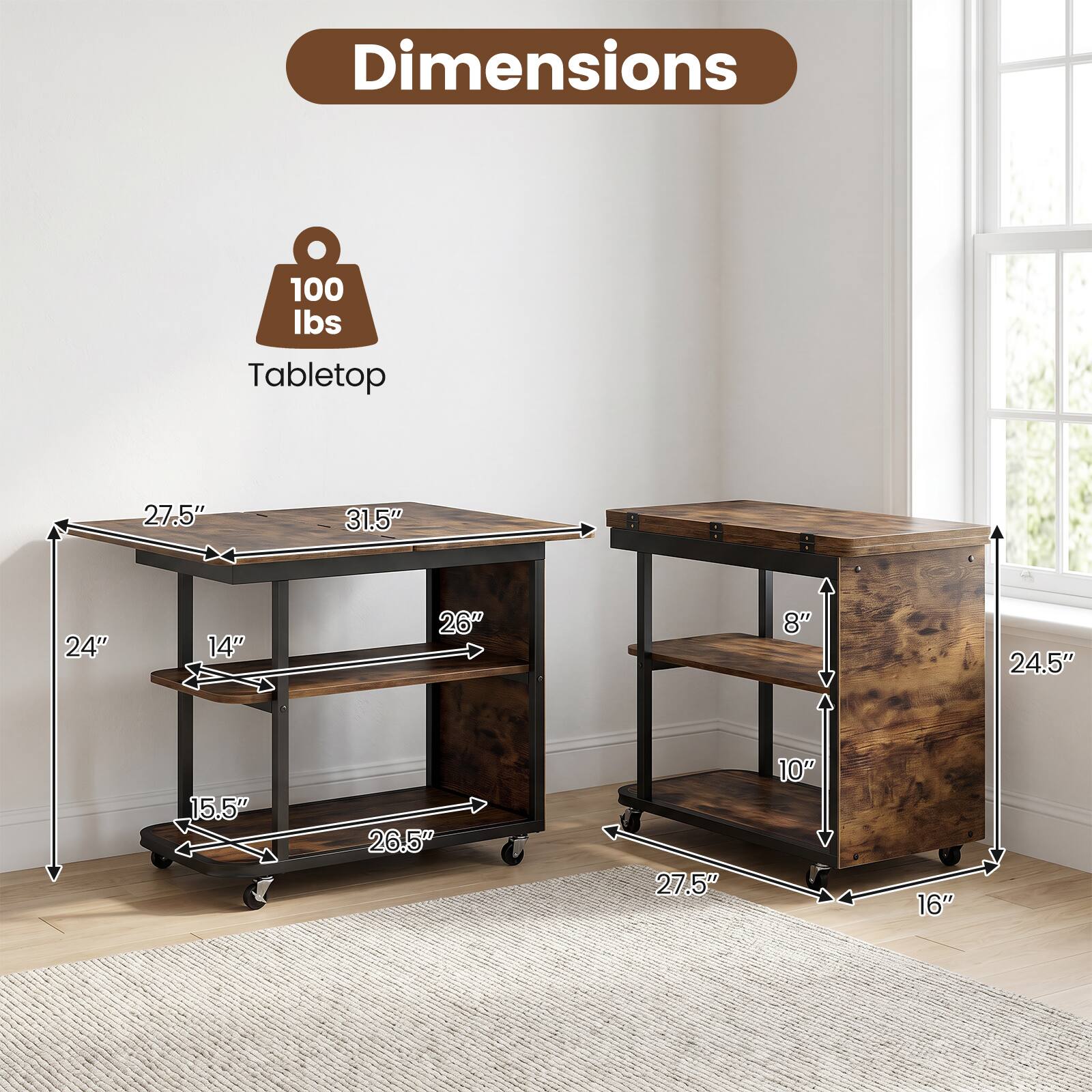 Dimensions: 100 lbs Tabletop  
27.5" x 31.5"  
24" x 14"  
26" x 8"  
24.5" x 15.5"  
26.5" x 27.5"  
10" x 16"