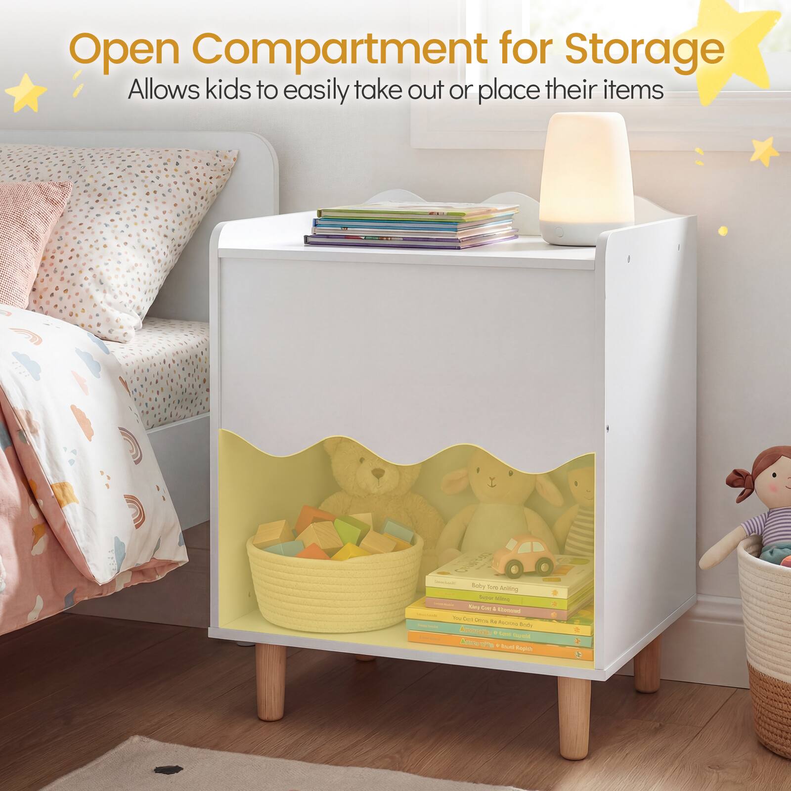 Open Compartment for Storage  
Allows kids to easily take out or place their items