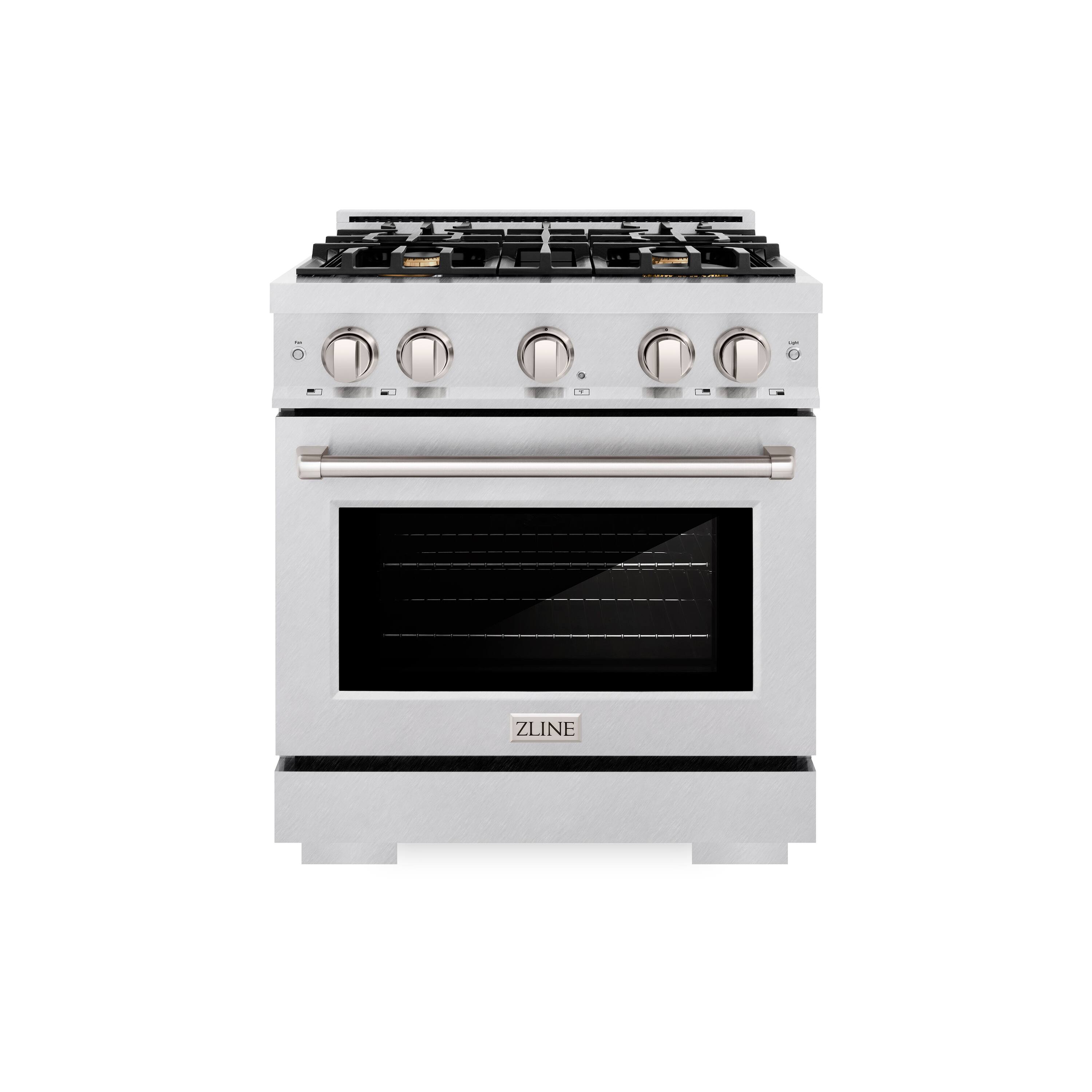 Left. ZLINE - ZLINE 30 in. Select Dual Fuel Satin Steel Range w/ 4 Brass Burners & Convection Oven (HDRS-BR-30) - Stainless Steel.