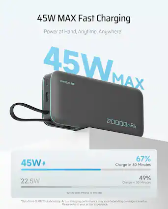 45W MAX Fast Charging
Power at Hand, Anytime, Anywhere
45W CUKTECH MAX S3
20000mAh
45W
67% Charge in 30 Minutes
22.5W
49% Charge in 30 Minutes
*Tested with iPhone 17 Pro Max
*Data from CUKTECH Laboratory. Actual charging performance may vary depending on usage scenarios. Please refer to your actual experience.