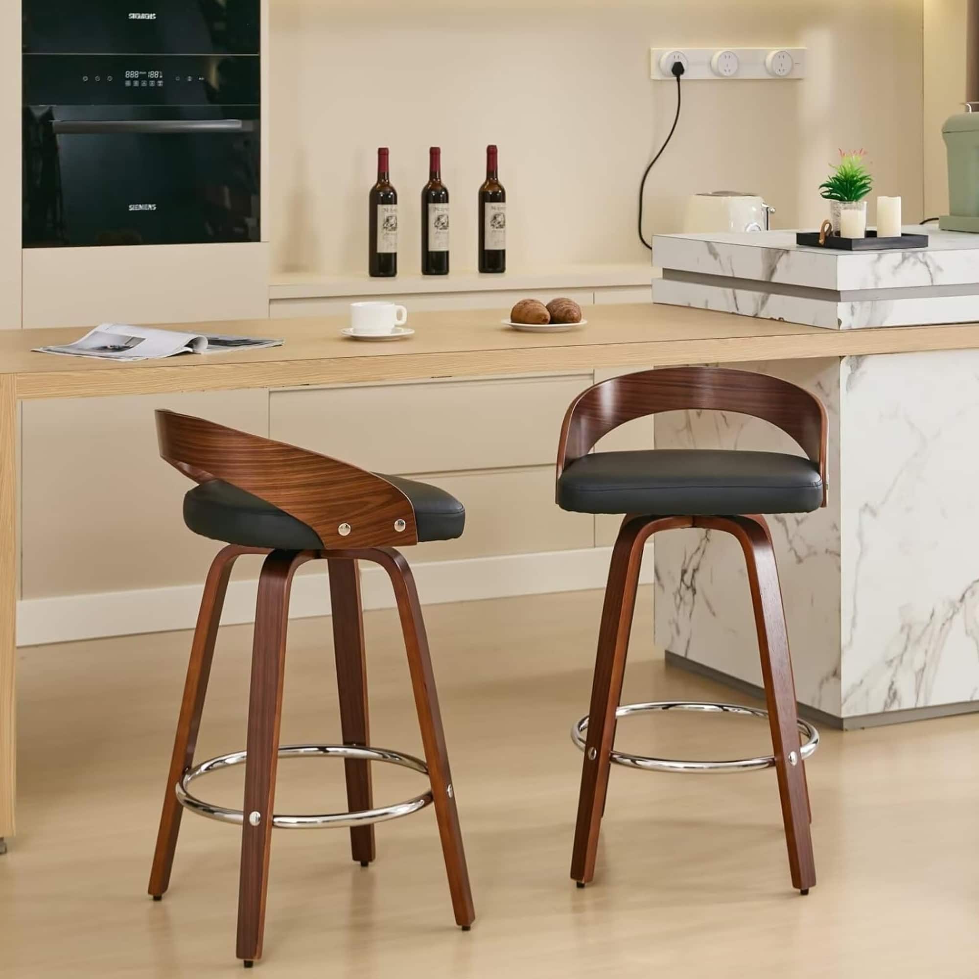 HTUTWOO - Bar Stools Set of 2, 360° Swivel Barstools, Mid Century Counter Height Chairs with PU Upholstered for Kitchen Island - Black