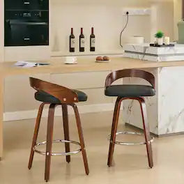 HTUTWOO - Bar Stools Set of 2, 360° Swivel Barstools, Mid Century Counter Height Chairs with PU Upholstered for Kitchen Island - Black