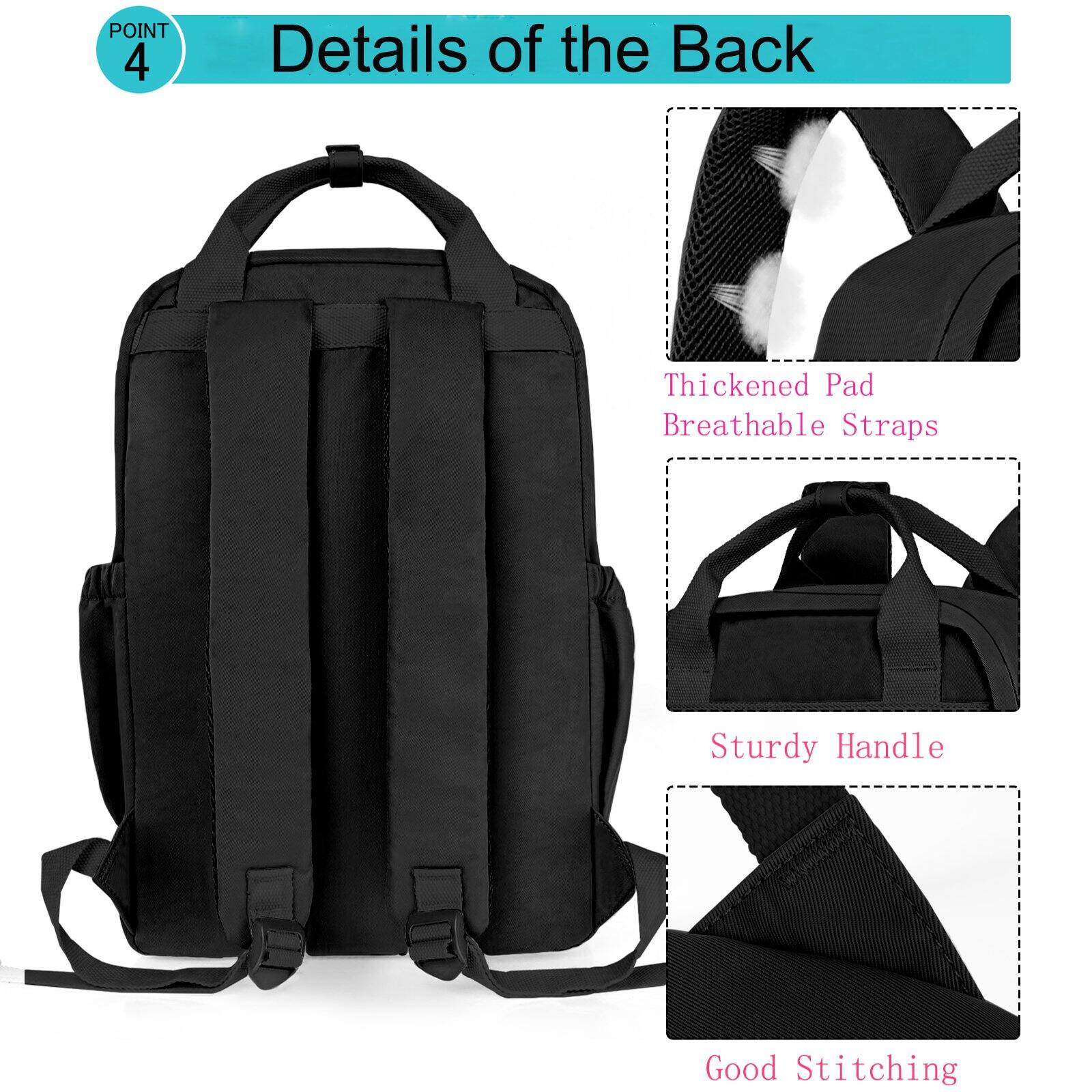 POINT 4  
Details of the Back

- Thickened Pad
- Breathable Straps
- Sturdy Handle
- Good Stitching