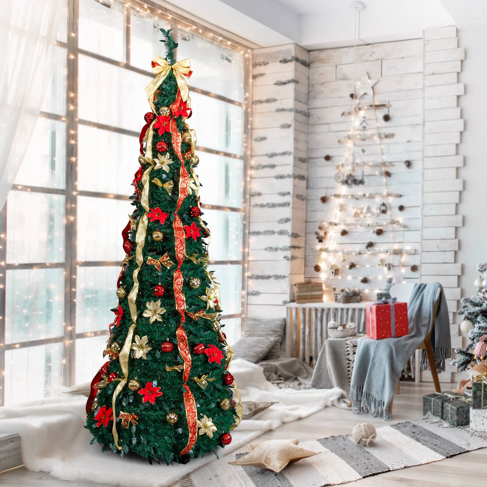 Alt View 6. VAVSEA - 7 ft Fully Decorated Pre-Lit Pop Up Christmas Tree with 200 Warm Lights, Remote & Red Gold Ornaments for Holidays - Green.