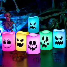 Front. Joyfy - 6 Pcs Halloween Flameless Candles with Remote Timer – Color Changing LED Lights, Battery Operated for Haunted House - white.