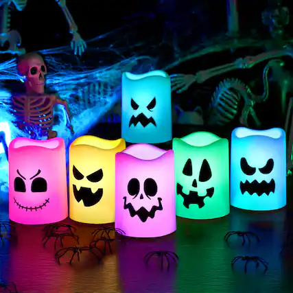 Front. Joyfy - 6 Pcs Halloween Flameless Candles with Remote Timer – Color Changing LED Lights, Battery Operated for Haunted House - white.