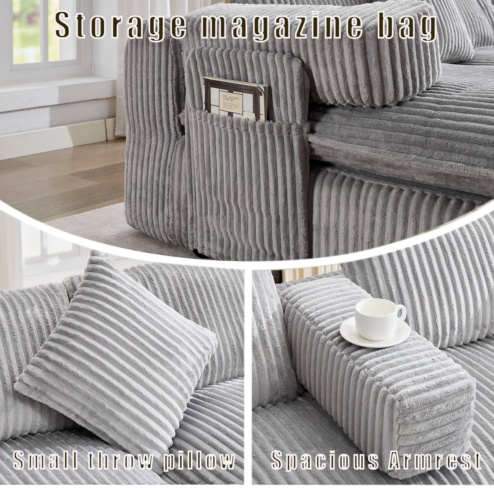 Storage magazine bag  
Small throw pillow  
Spacious Armrest