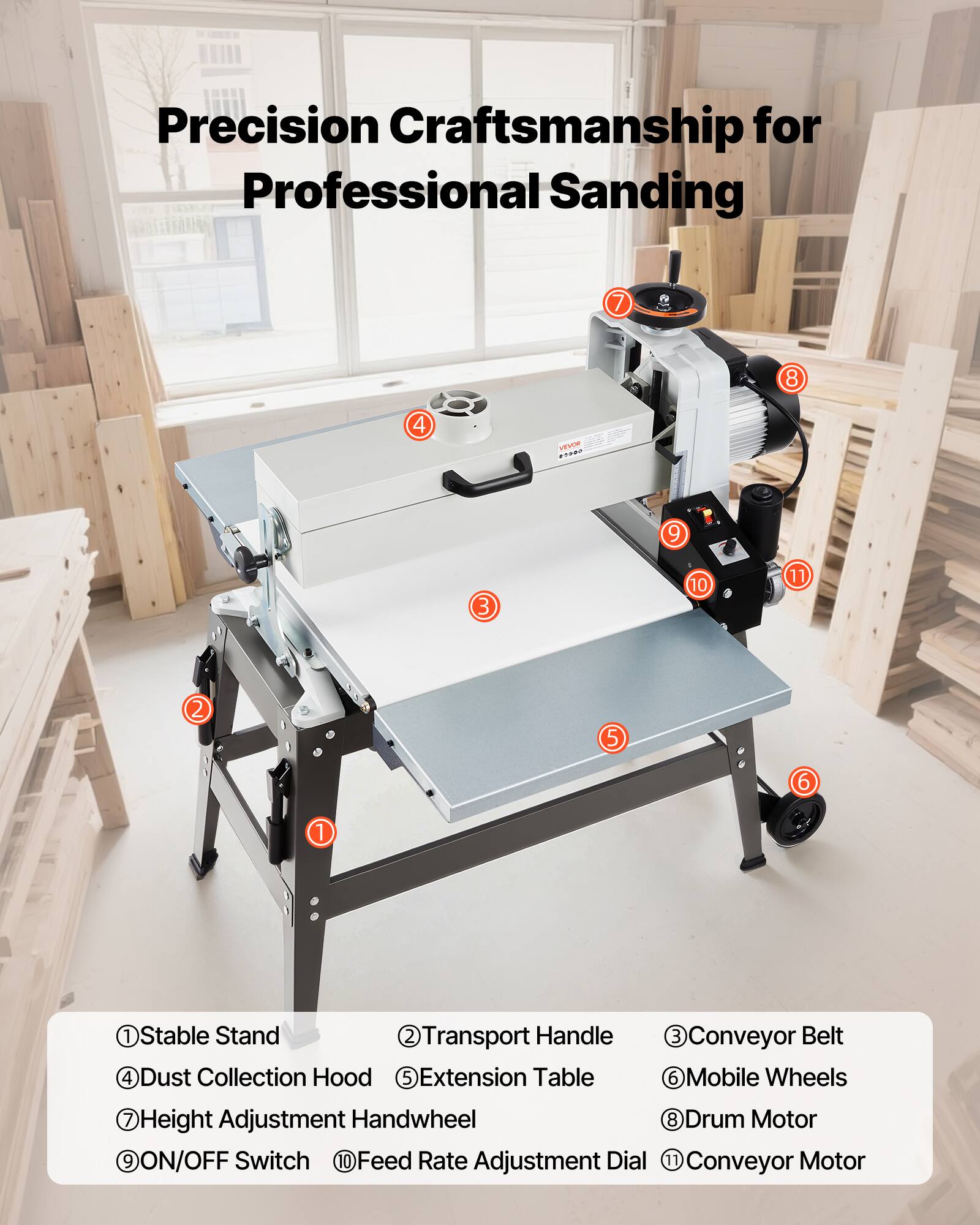 Precision Craftsmanship for Professional Sanding

1. Stable Stand
2. Transport Handle
3. Conveyor Belt
4. Dust Collection Hood
5. Extension Table
6. Mobile Wheels
7. Height Adjustment Handwheel
8. Drum Motor
9. ON/OFF Switch
10. Feed Rate Adjustment Dial
11. Conveyor Motor