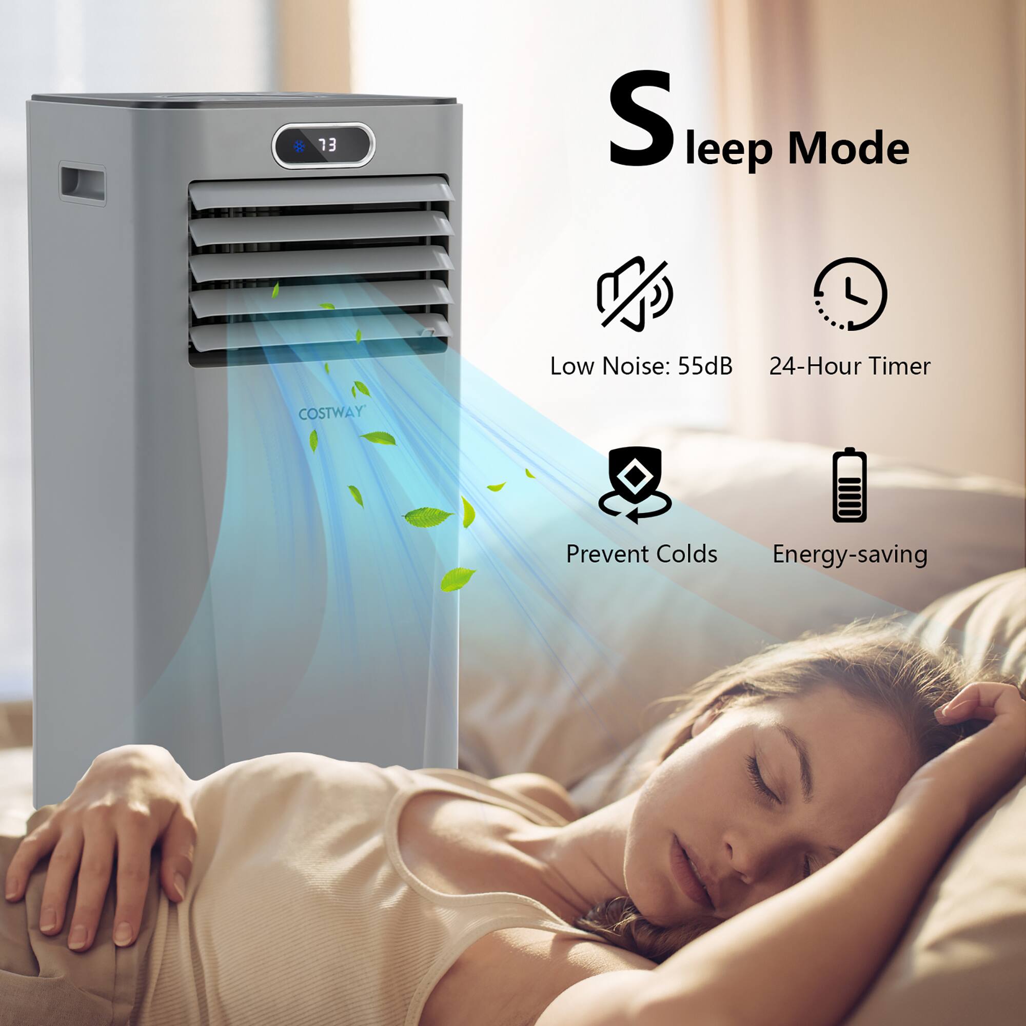 The text on the image is grouped as follows:

1. "Sleep Mode"
2. "Low Noise: 55dB"
3. "24-Hour Timer"
4. "Prevent Colds"
5. "Energy-saving"